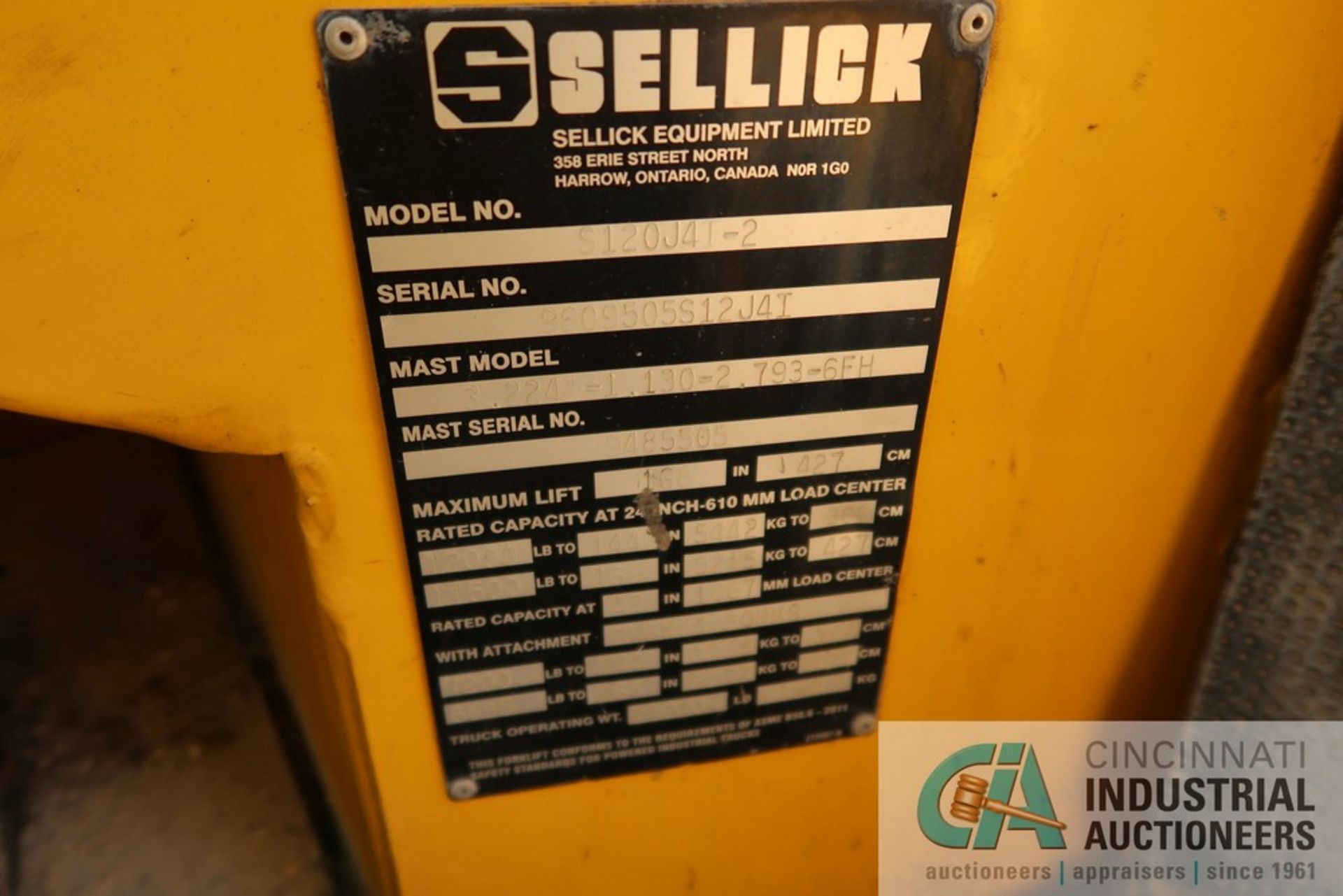 12,000 LB. SELLICK MODEL S120J4I-2 PNEUMATIC TIRE DIESEL LIFT TRUCK; S/N 9609505S12J4T, 128" 2-STAGE - Image 10 of 11