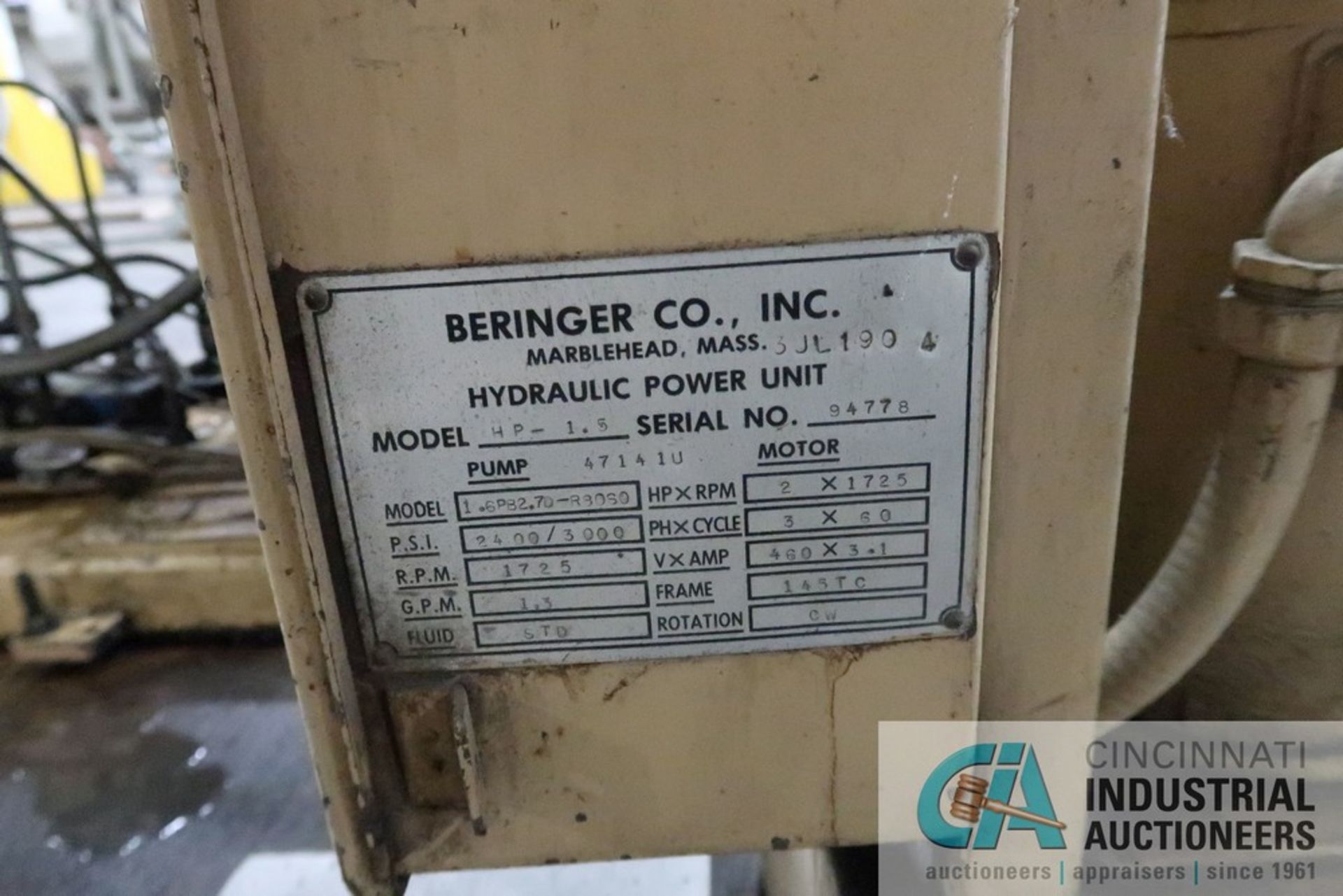 BERINGER HYDRAULIC SLIDE PLATE SCREEN CHANGER; S/N 94778, 2 HP HYDRUALIC UNIT *LINE 4* **SUBJECT - Image 4 of 5