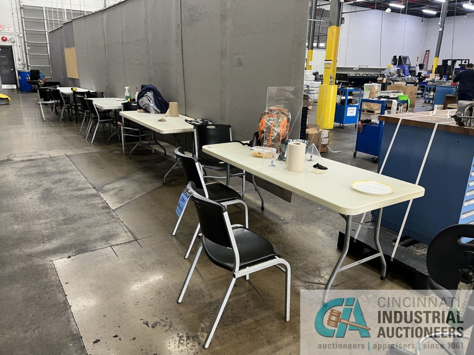 (LOT) (5) 72" X 30" FOLDING POLY TABLES AND (12) CHAIRS