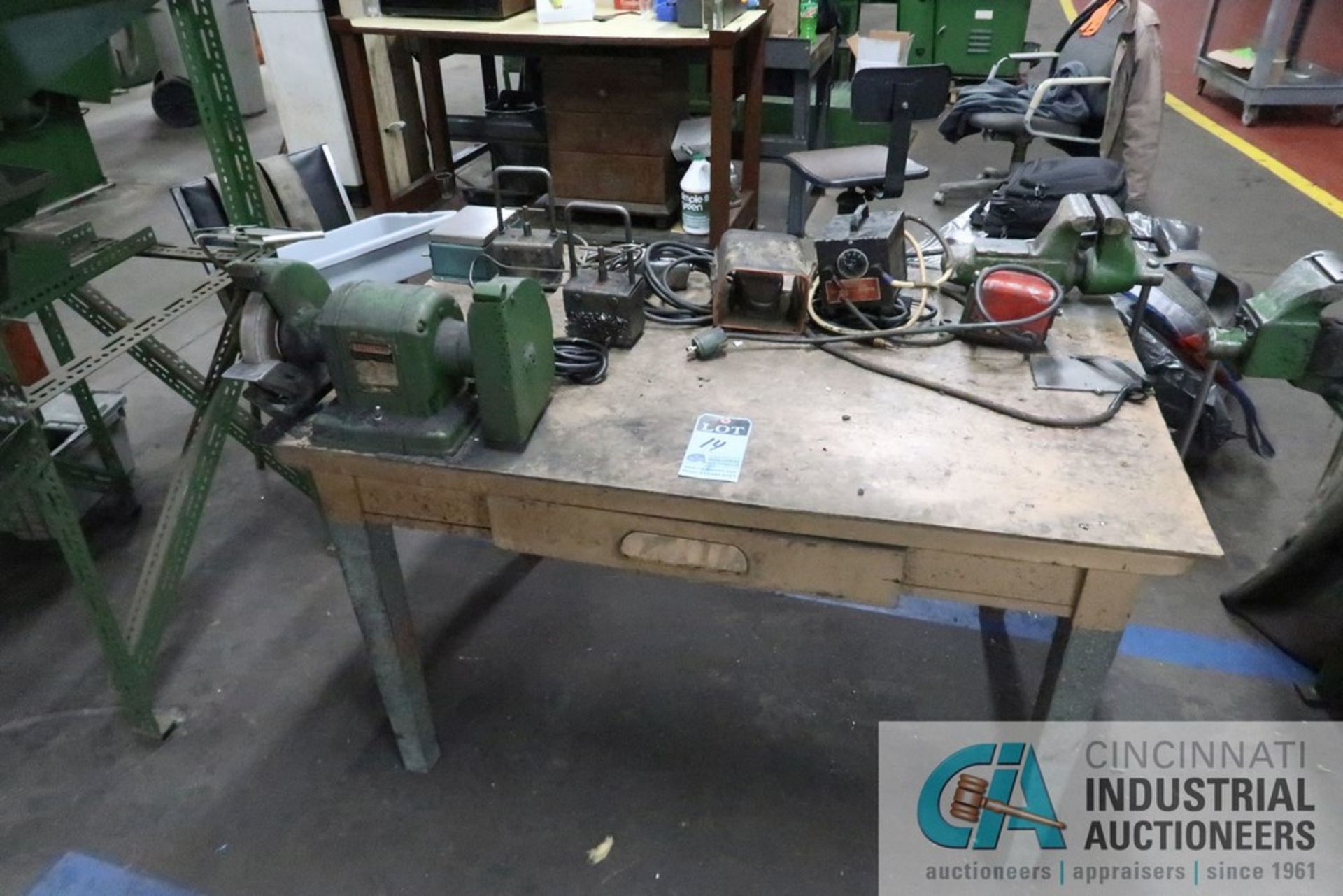 (LOT) BENCH WITH DE GRINDER, VISE, DE-MAG UNIT, ETCHER AND MAGNETS