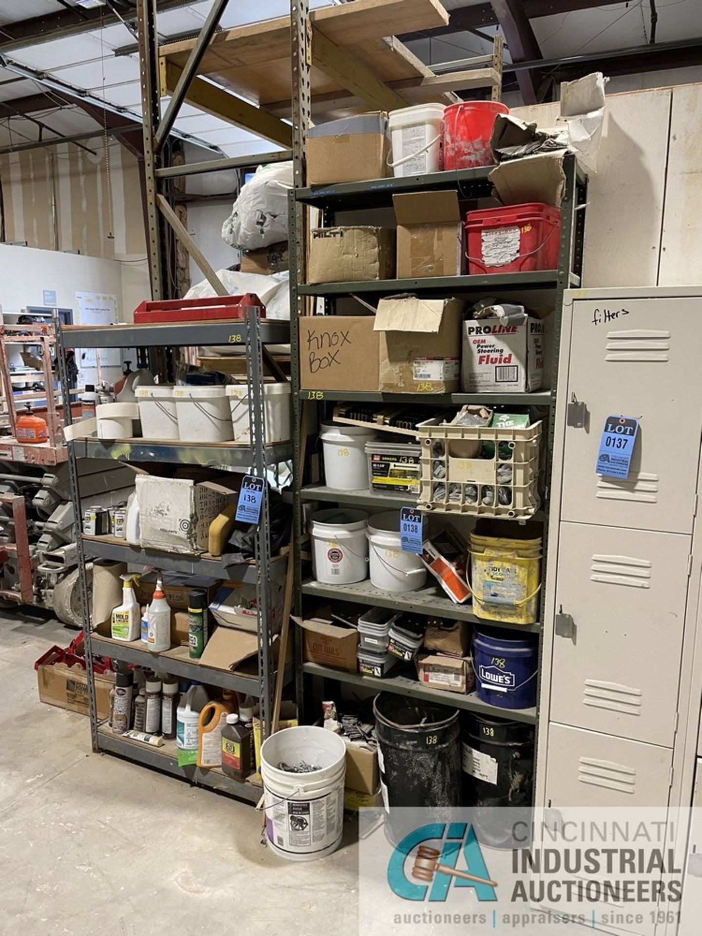 (LOT) MISCELLANEOUS CONSTRUCTION SUPPLIES WITH (2) SECTIONS SHELVING