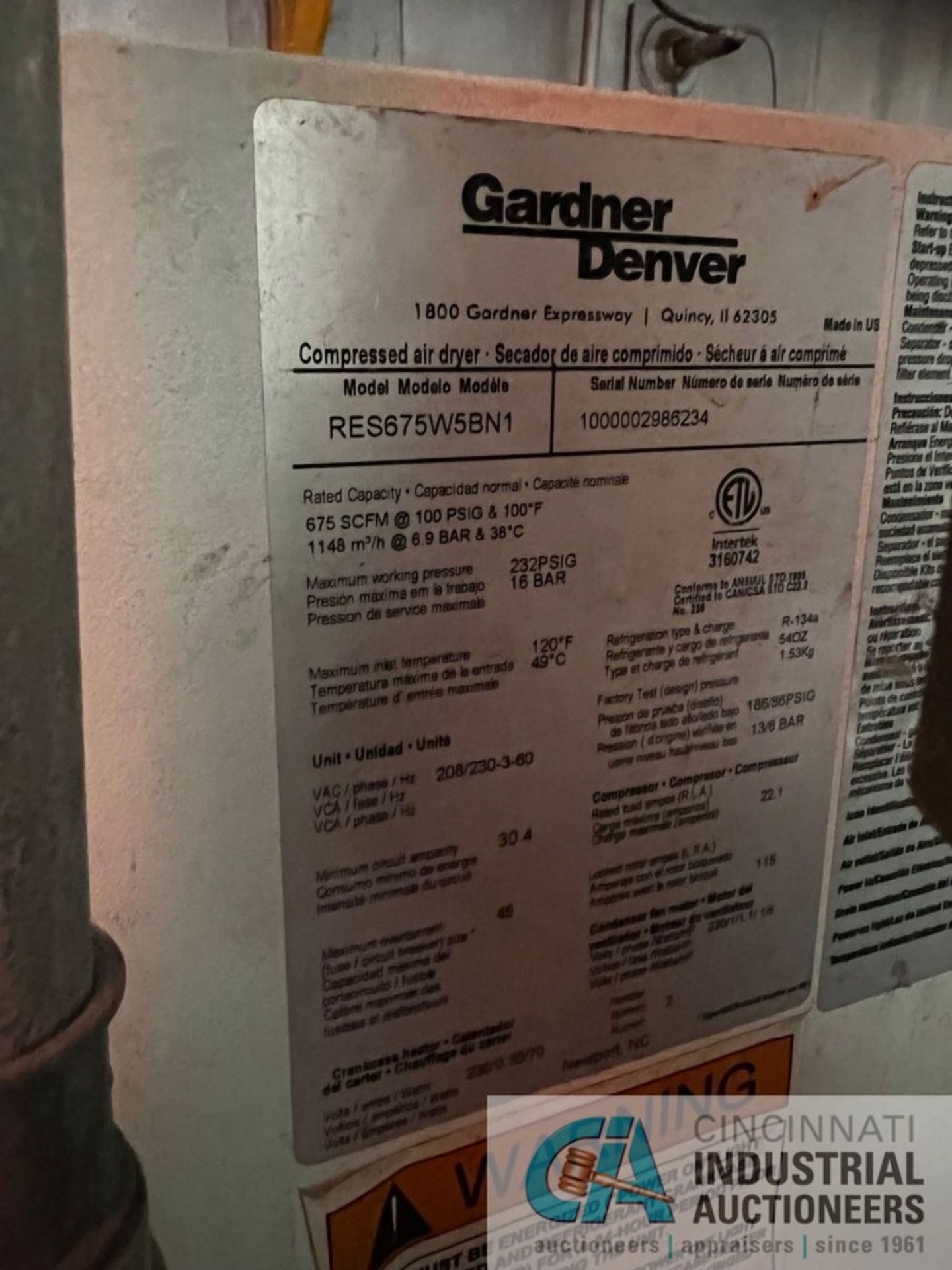 GARDNER DENVER MODEL RES675W5BN1 AIR DRYER; S/N 1000002986234 - Image 2 of 4