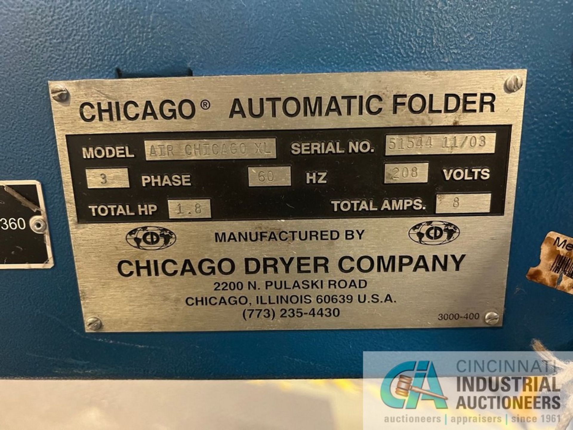 CHICAGO MODEL AIR CHICAGO XL SMALL PIECE FOLDER; S/N 51544, ASSET #5820, W/ CONVEYOR (NEW 2003) - Image 8 of 8