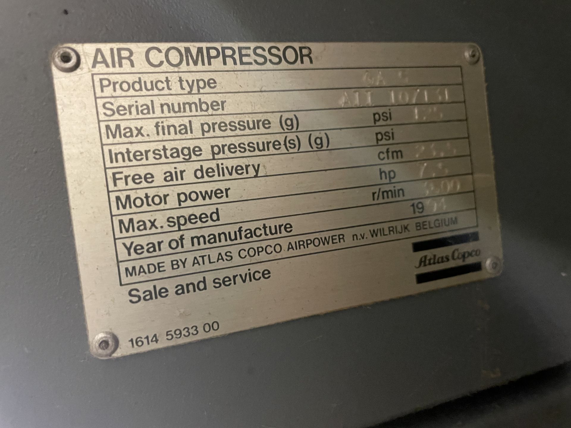 7.5 H.P. ATLAS-COPCO MODEL GA5 STATIONARY AIR COMPRESSOR S/N AII 10713 ELEKRONIKON CONTROLS, SEE PIC - Image 4 of 4