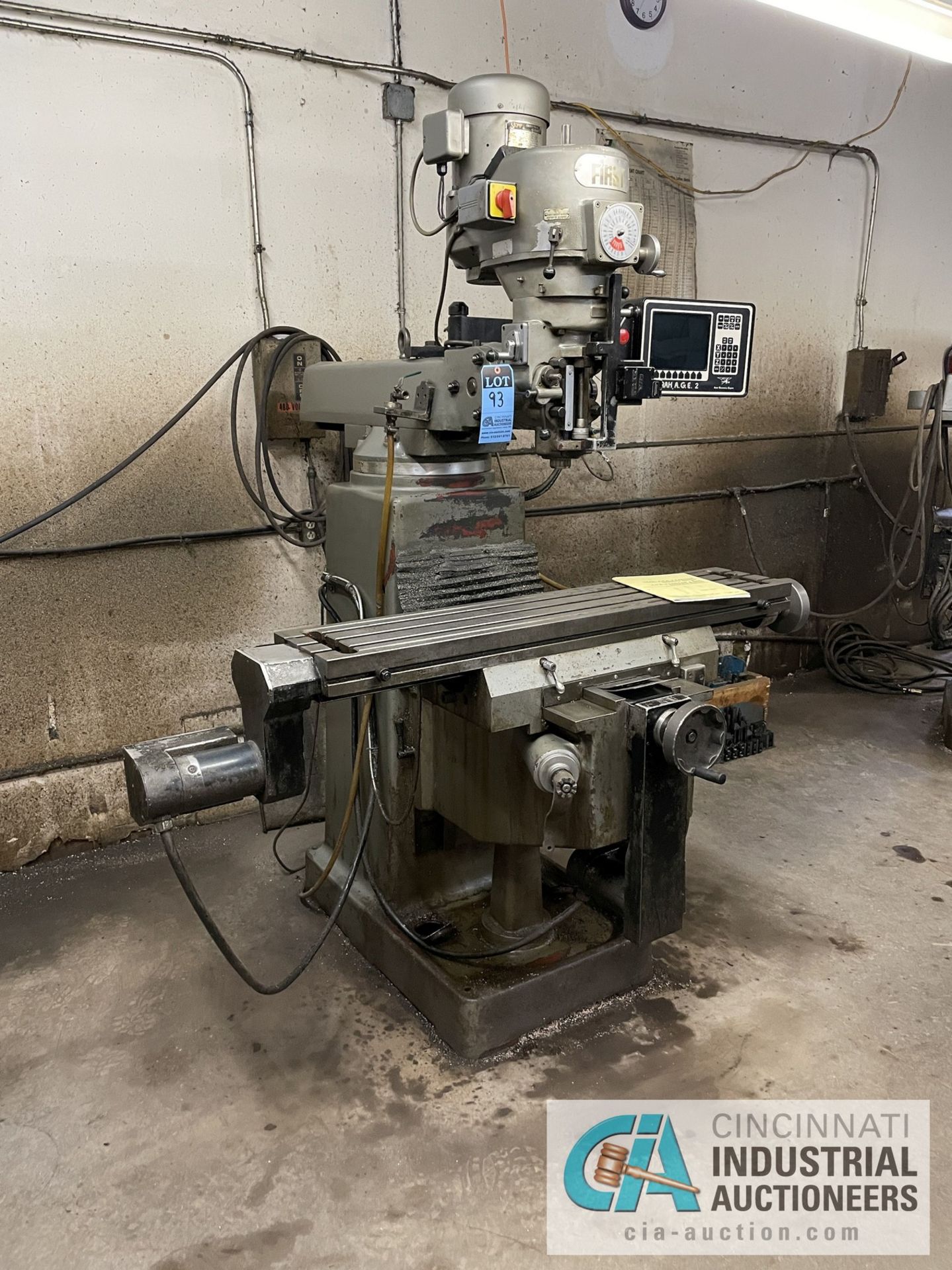 3 HP FIRST MODEL LC-185VS VERTICAL MILLING MACHINE; S/N 85021365, 10" X 50" T-SLOTTED TABLE, TRAK