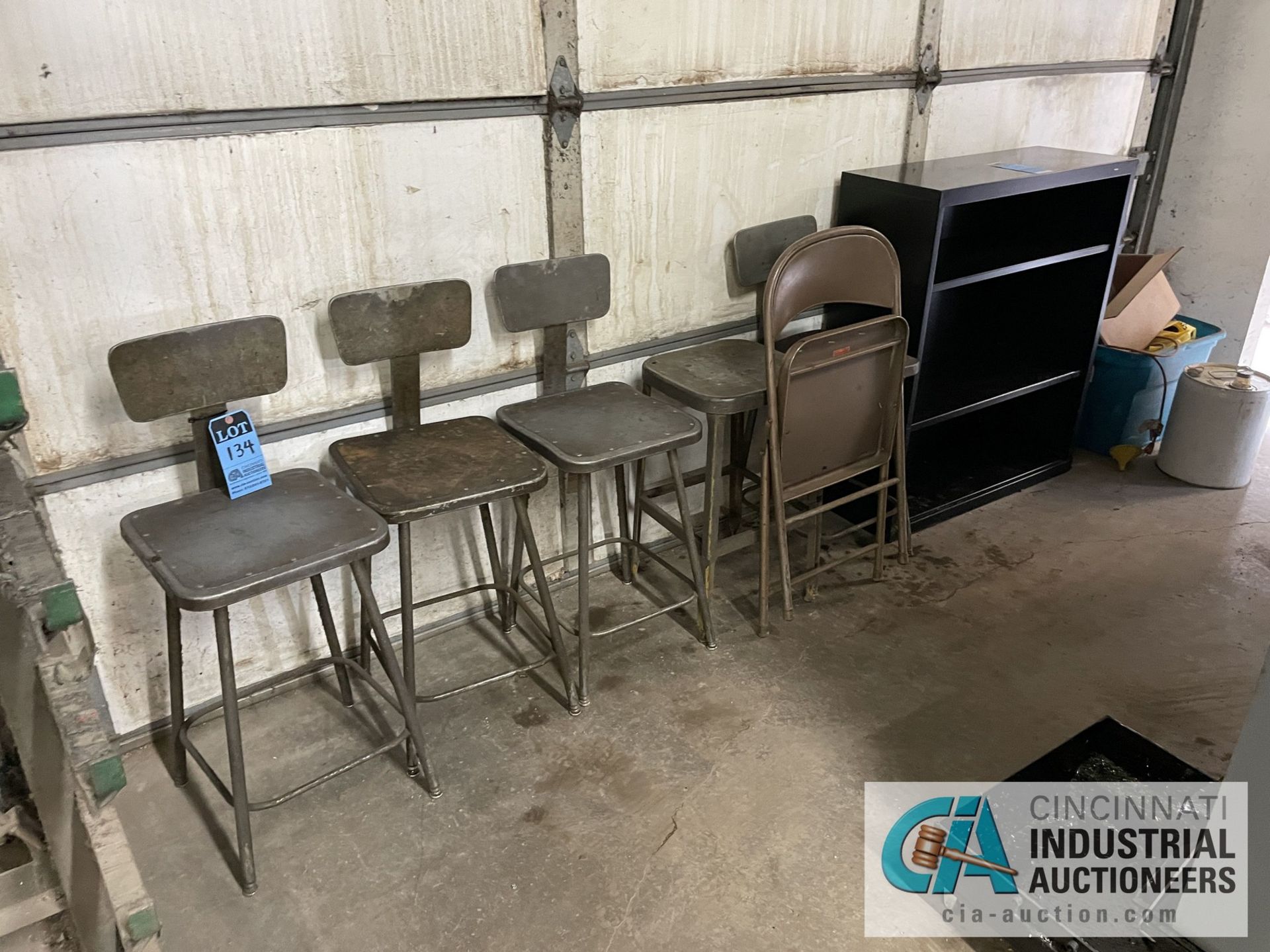 (LOT) SHOP CHAIRS WITH (2) METAL BOOKCASES - (1) LOCATED BY LOT 15