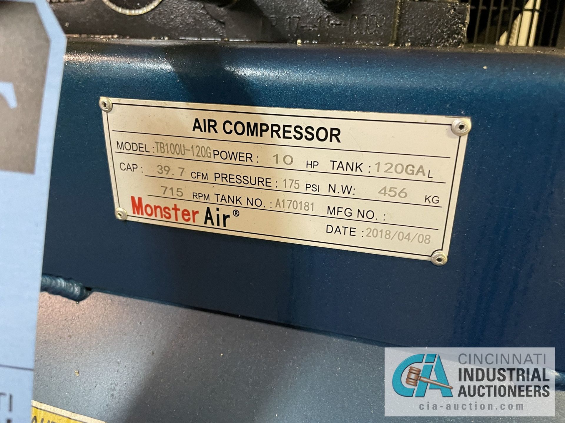 10 HP MONSTER AIR MODEL TB100U-120G HORIZONTAL TANK AIR COMPRESSOR; S/N A170181 (NEW 2018-4-8), 3- - Image 2 of 10