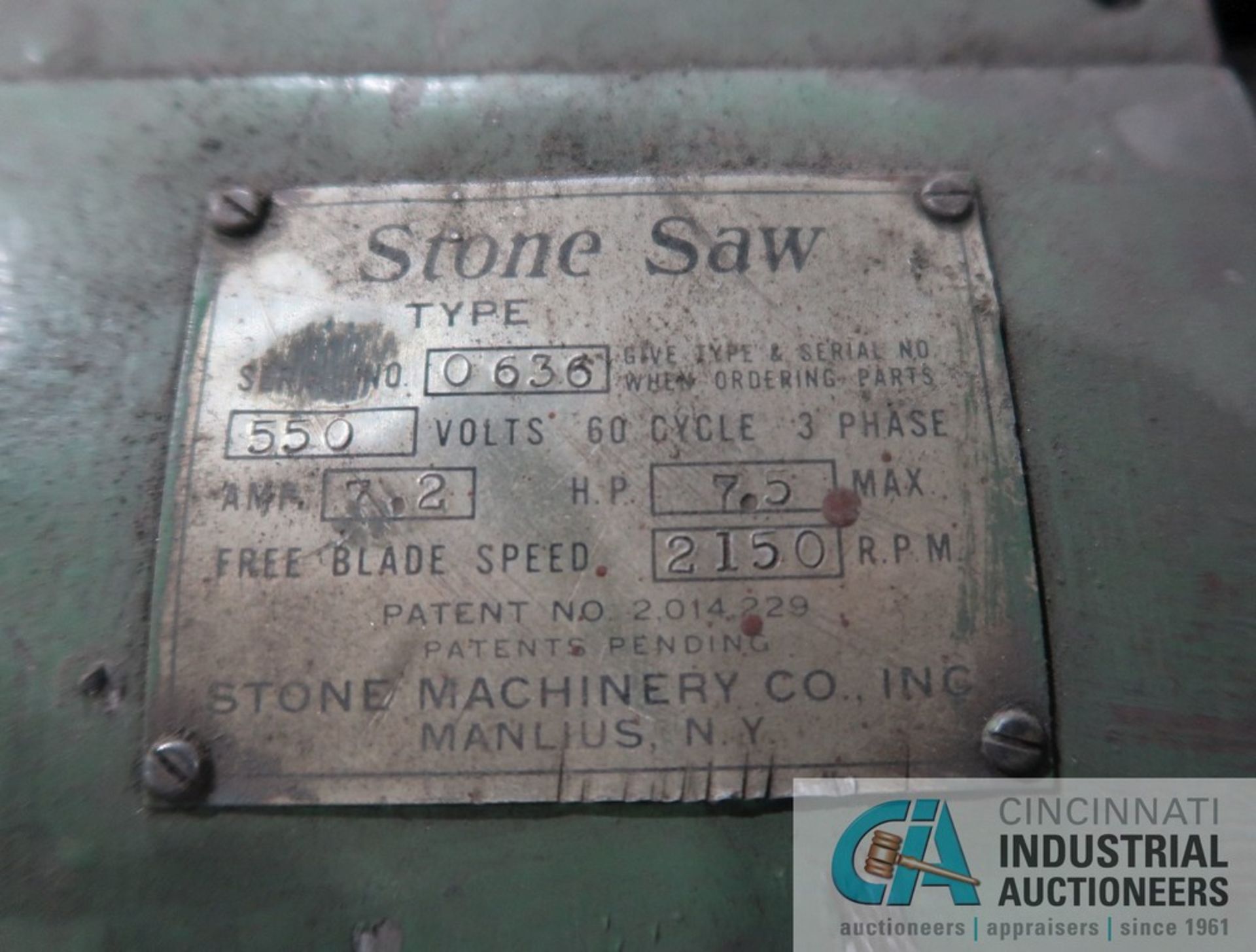 18" BLADE DIAMETER APPROX. STONE MACHINERY CO TYPE STONE SAW ABRASIVE MITRE CUT-OFF SAW S/N 0636 - Image 6 of 6