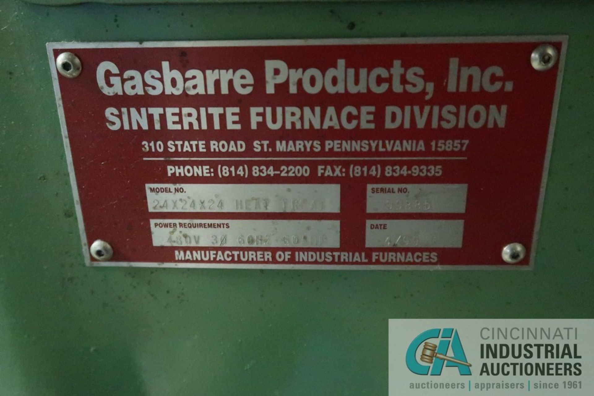 GASBARRE PRODUCTS / SINTERITE FURNACE MODEL 24X24X24 ELECTRIC FURNACE; S/N 99885, 480 VOLT, 24" X - Image 4 of 5