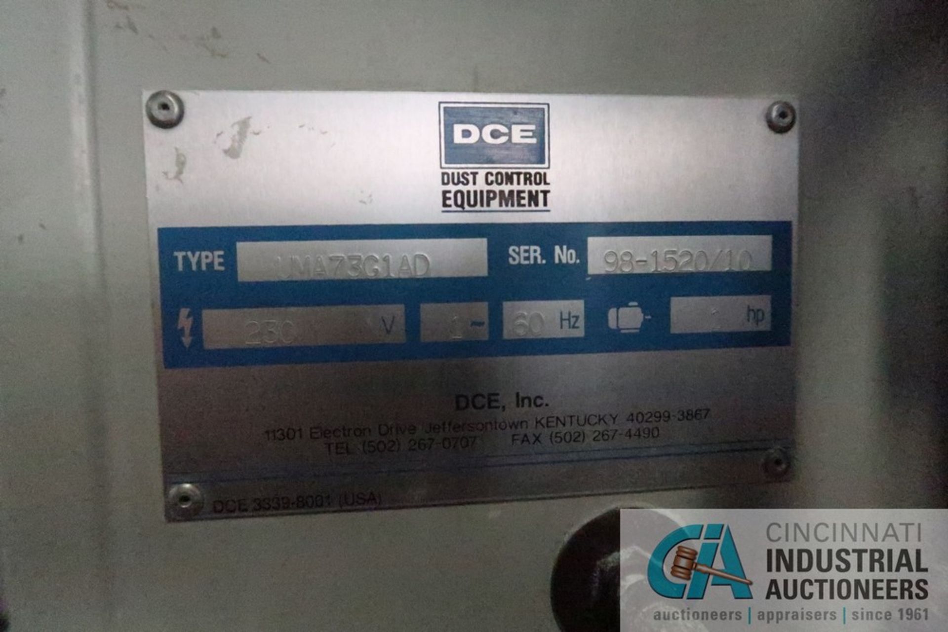 1 HP DCE MODEL UMA76G1AD UNIMASTER SINGLE BAG DUST COLLECTOR; S/N 98-1520/10 **LOCATED AT 110 E - Image 3 of 3