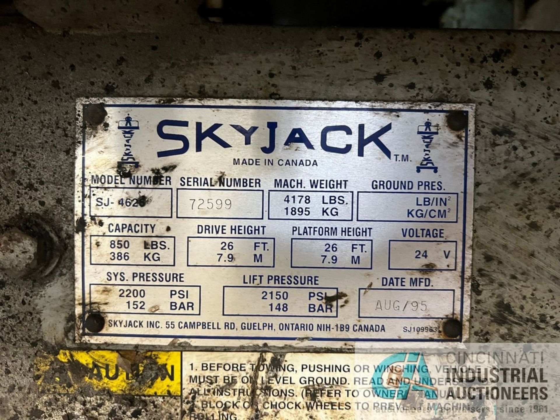 SKYJACK MODEL SJII 4626 ELECTRIC SCISSOR LIFT; S/N 72599, 850 LB. CAPACITY, 26' MAX PLATFORM HEIGHT, - Image 13 of 13