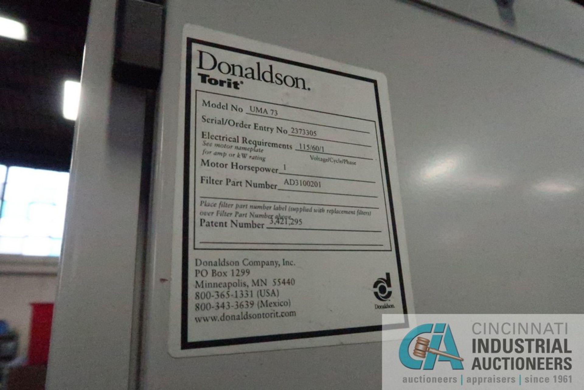 1 HP DONALDSON TORIT MODEL UMA73 SINGLE BAG DUST COLLECTOR; S/N 2373305 **LOCATED AT 110 E SEYMOUR - Image 3 of 3