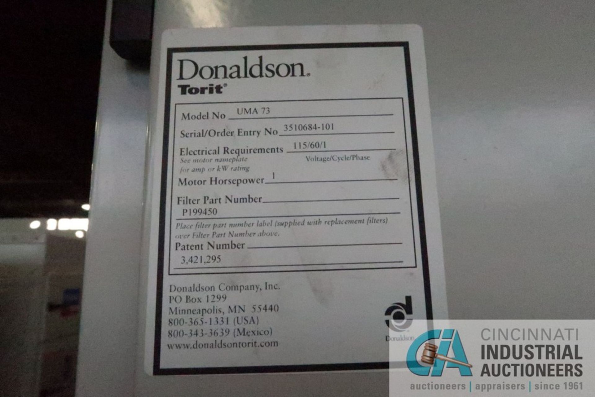 1 HP DONALDSON TORIT MODEL UMA73 SINGLE BAG DUST COLLECTOR; S/N 3510684 **LOCATED AT 110 E SEYMOUR - Image 3 of 3