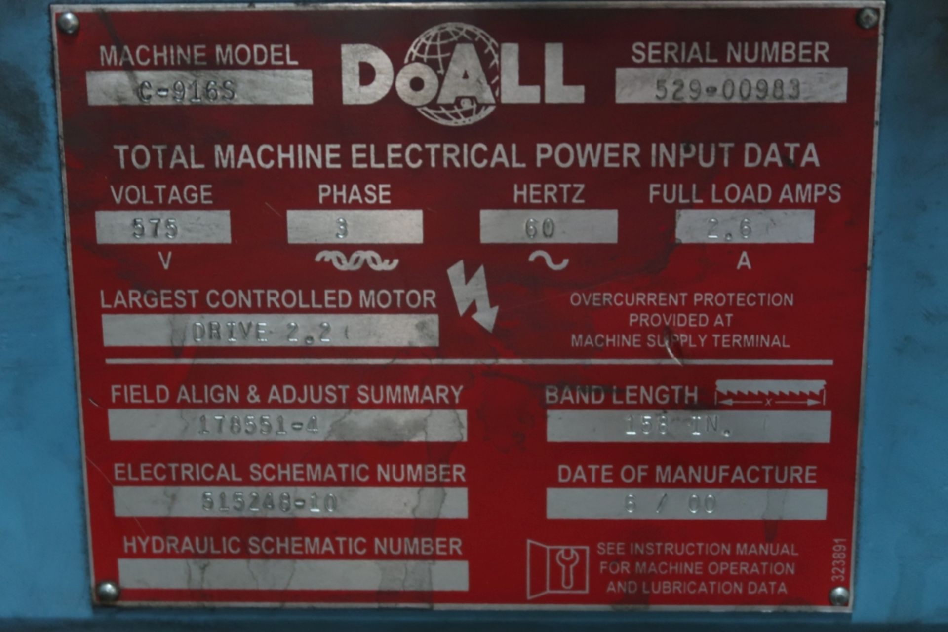 DOALL HORIZONTAL BANDSAW MOD: C-916S, SN: 529-00983, 575V 3PH - Image 3 of 3