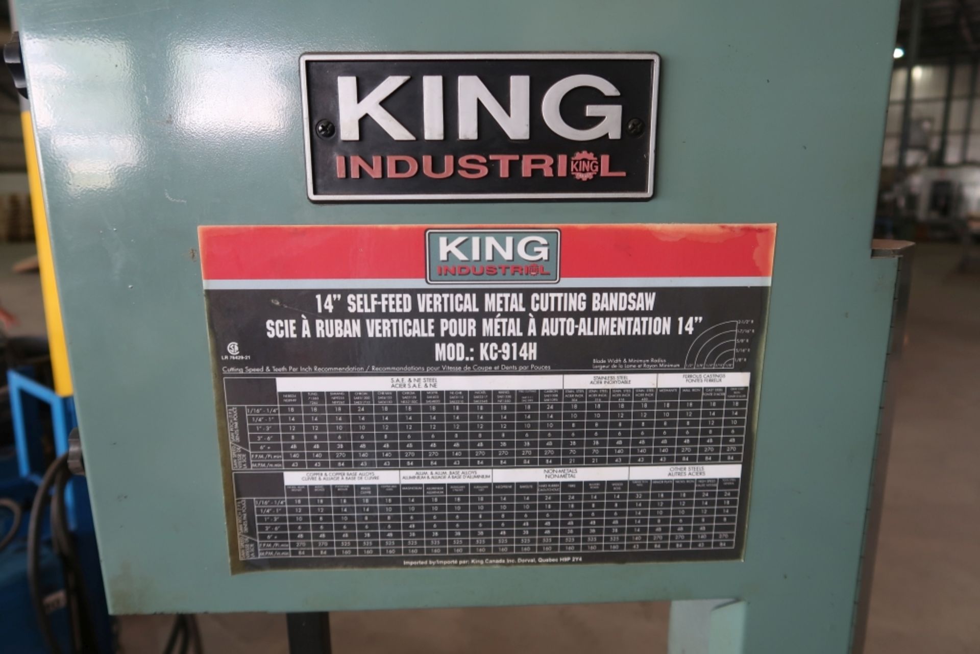 KING INDUSTRIAL 14'' VERTIAL BAND SAW, MOD: KC-914H, 120V - Image 3 of 3