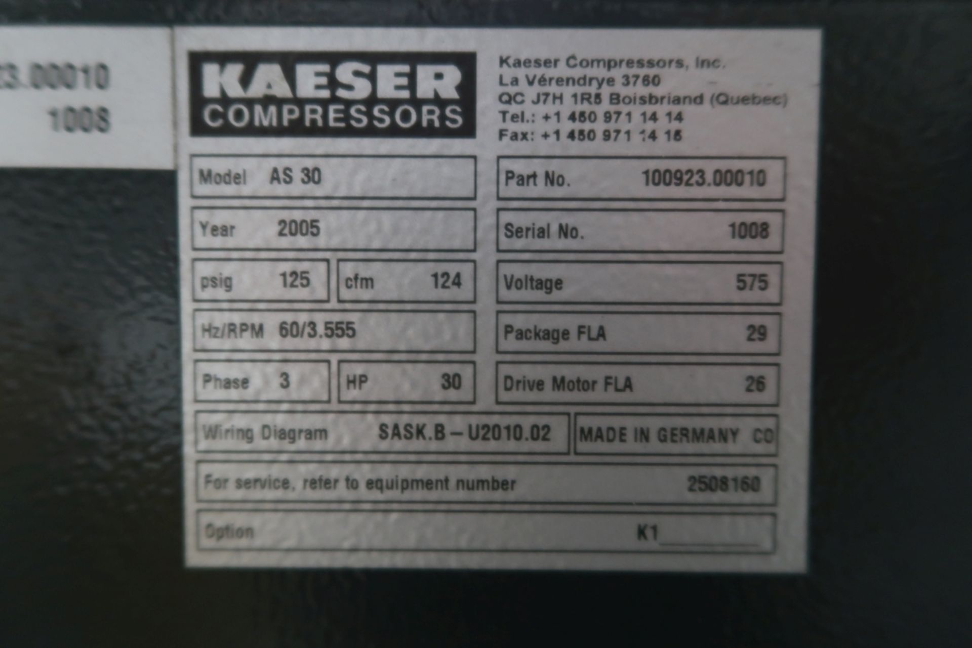 KAESER SCREW TYPE 30HP AIR COMPRESSOR (2005), MOD: AS30, SN: 1008 - Image 3 of 3