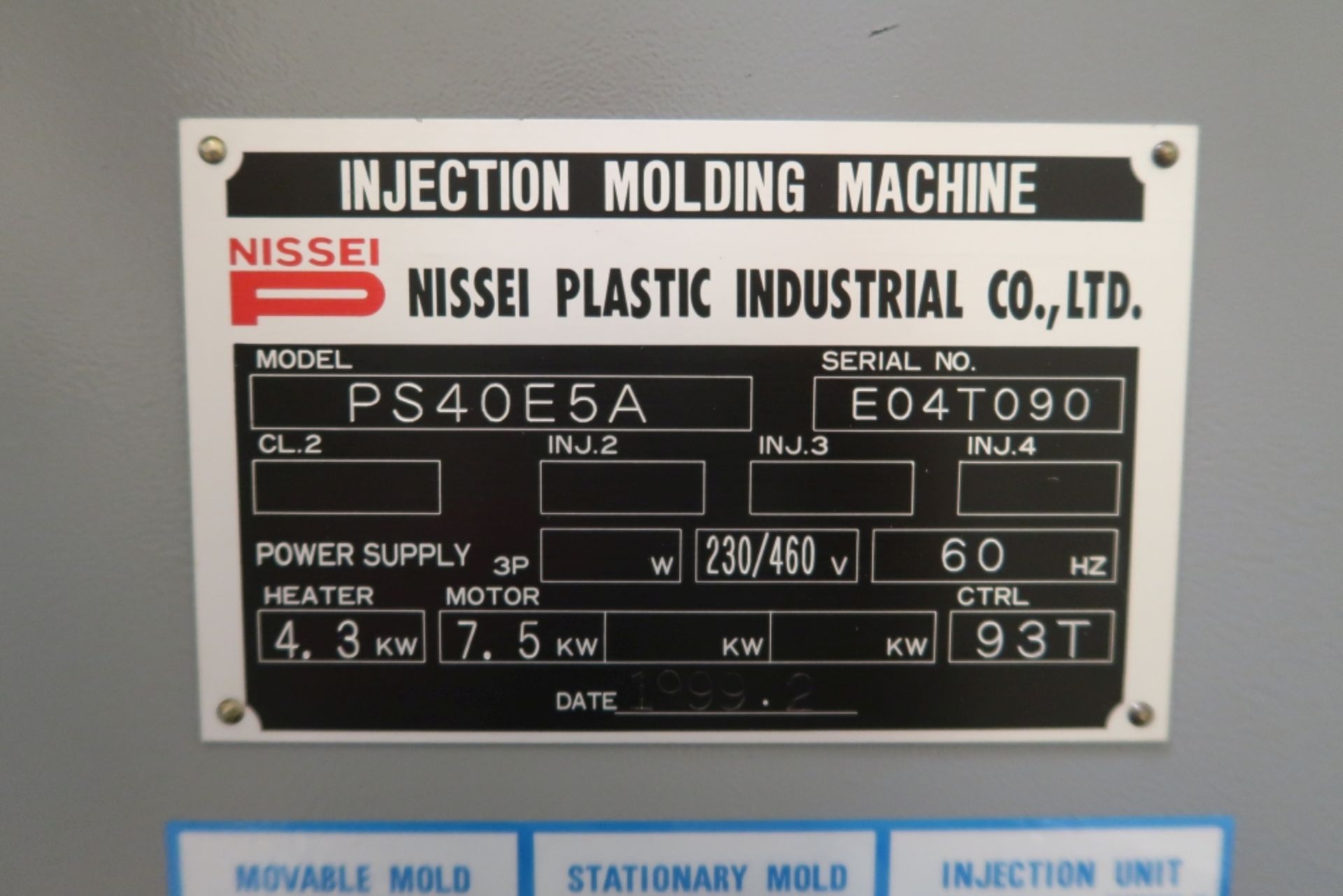 NISSEI INJECTION MOLDING MACHINE MOD: PS40E5A, (1999), SN: E04T090, 230/460V 3PH - Image 7 of 9
