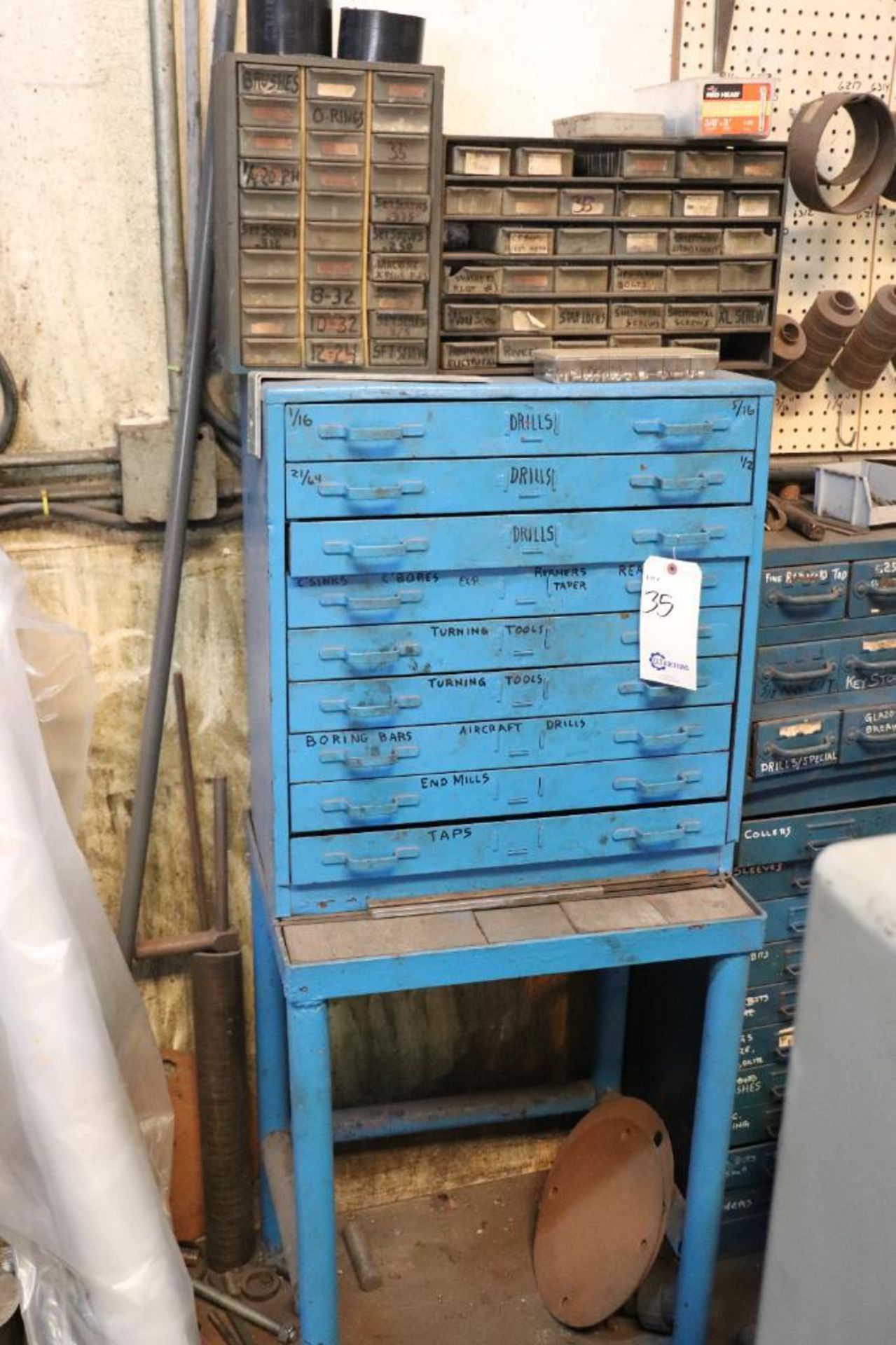 Index cabinet w/ drills, endmills & taps