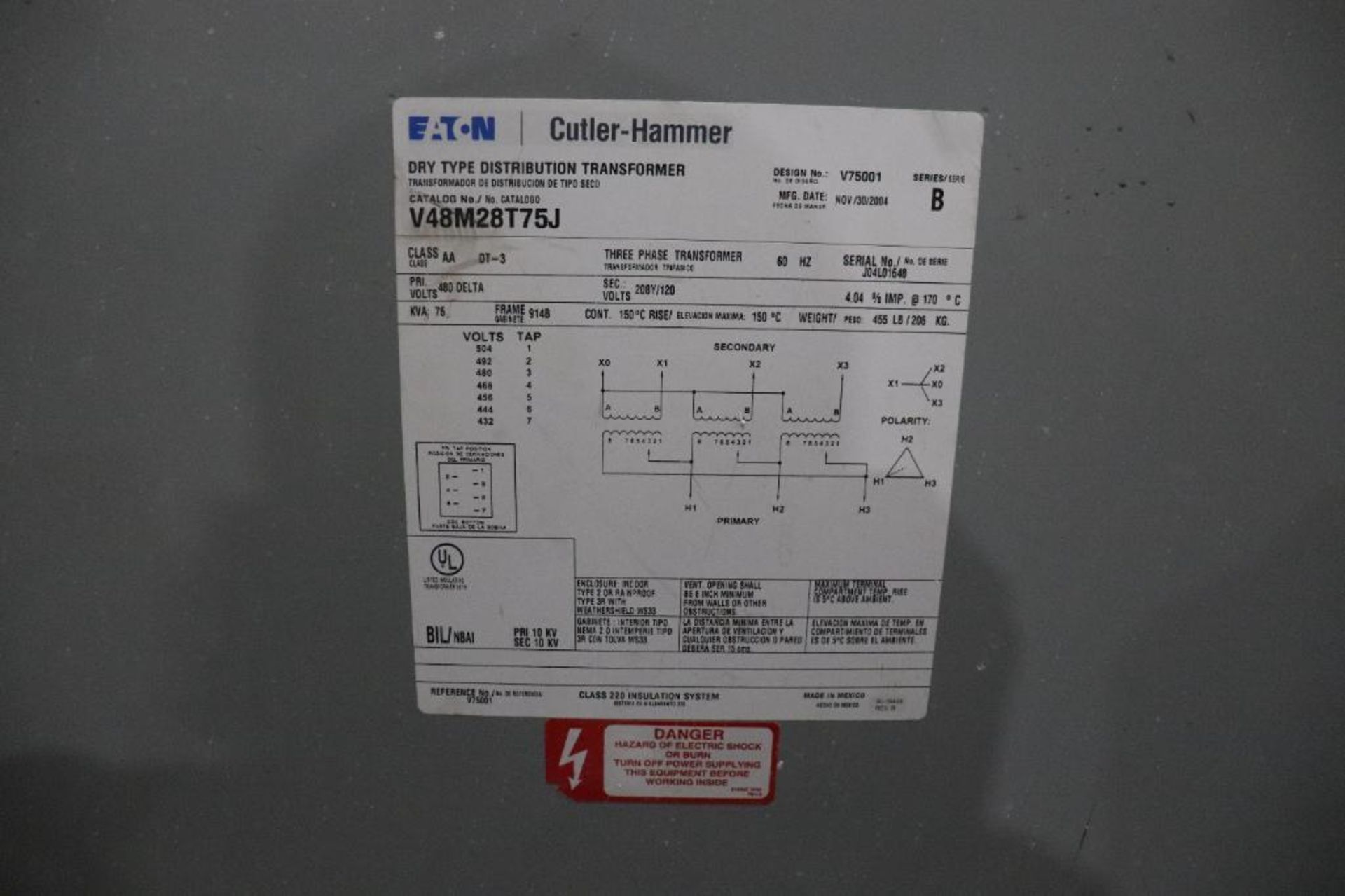 Cuttler-Hammer 3 ph, 75 KVA transformer - Image 3 of 3