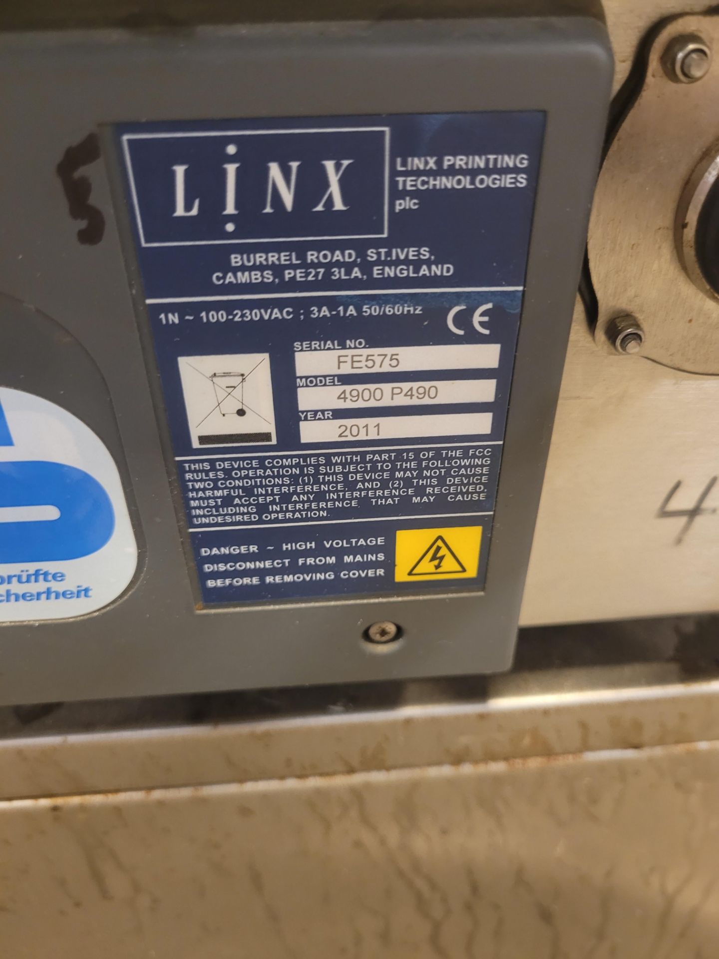 2011 LINX Ink Jet Printer/Coder mod. 4900 P490, ser. FE575 on 2-Shelf SS Cabinet on casters - Image 16 of 16