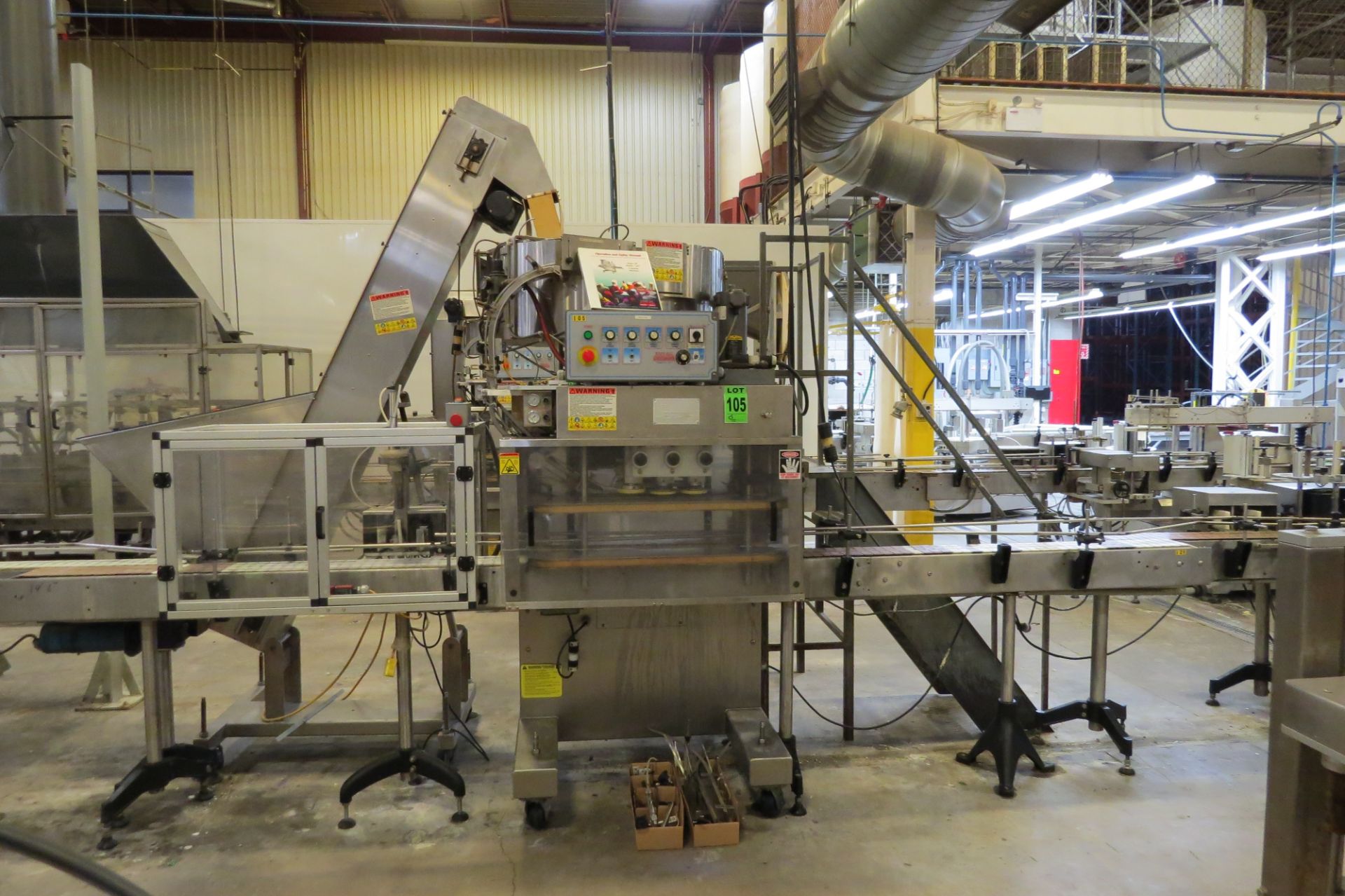 KAPS-ALL A6 6-Spindle Auto-Capper, ser. 6351, with KAPS-ALL cap feeder/elevator, motorized conveyor