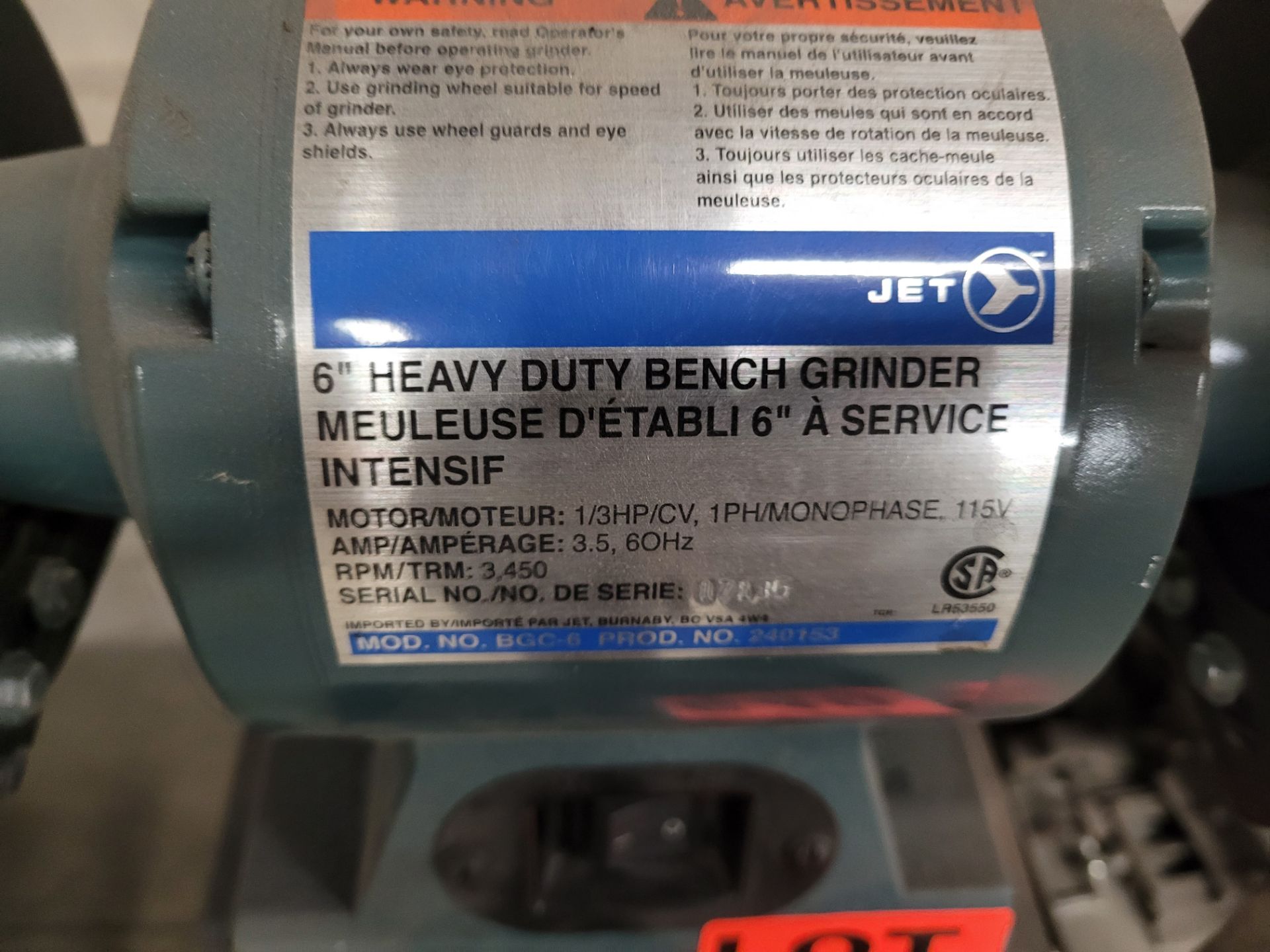 JET 6" heavy duty bench grinder mod. BGC-6, ser. 240153 - Image 2 of 2