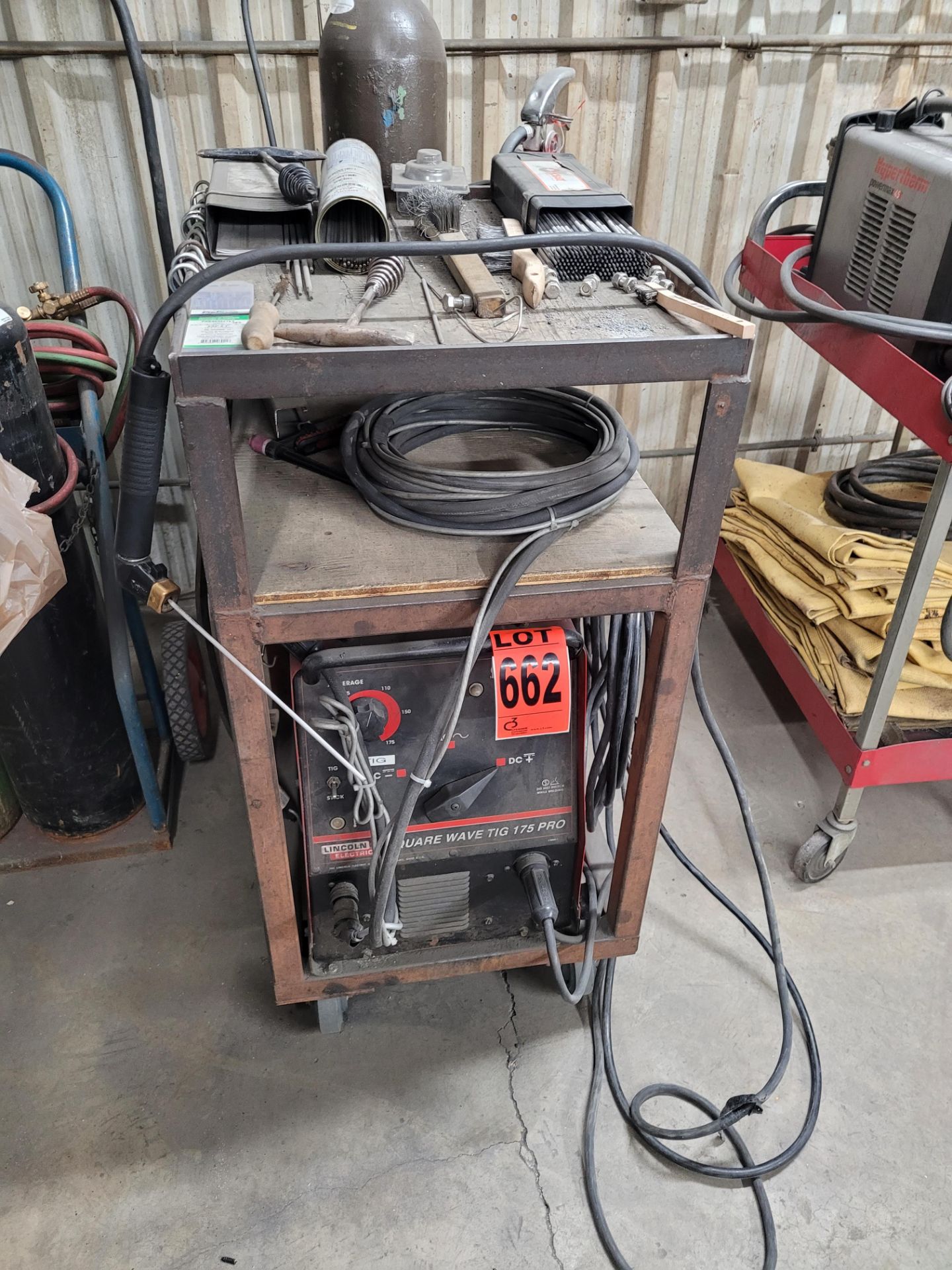 LINCOLN ELECTRIC Square Wave TIG 175 PRO with hoses, torch, clamps on steel 3-level cart and HOBART - Image 2 of 9