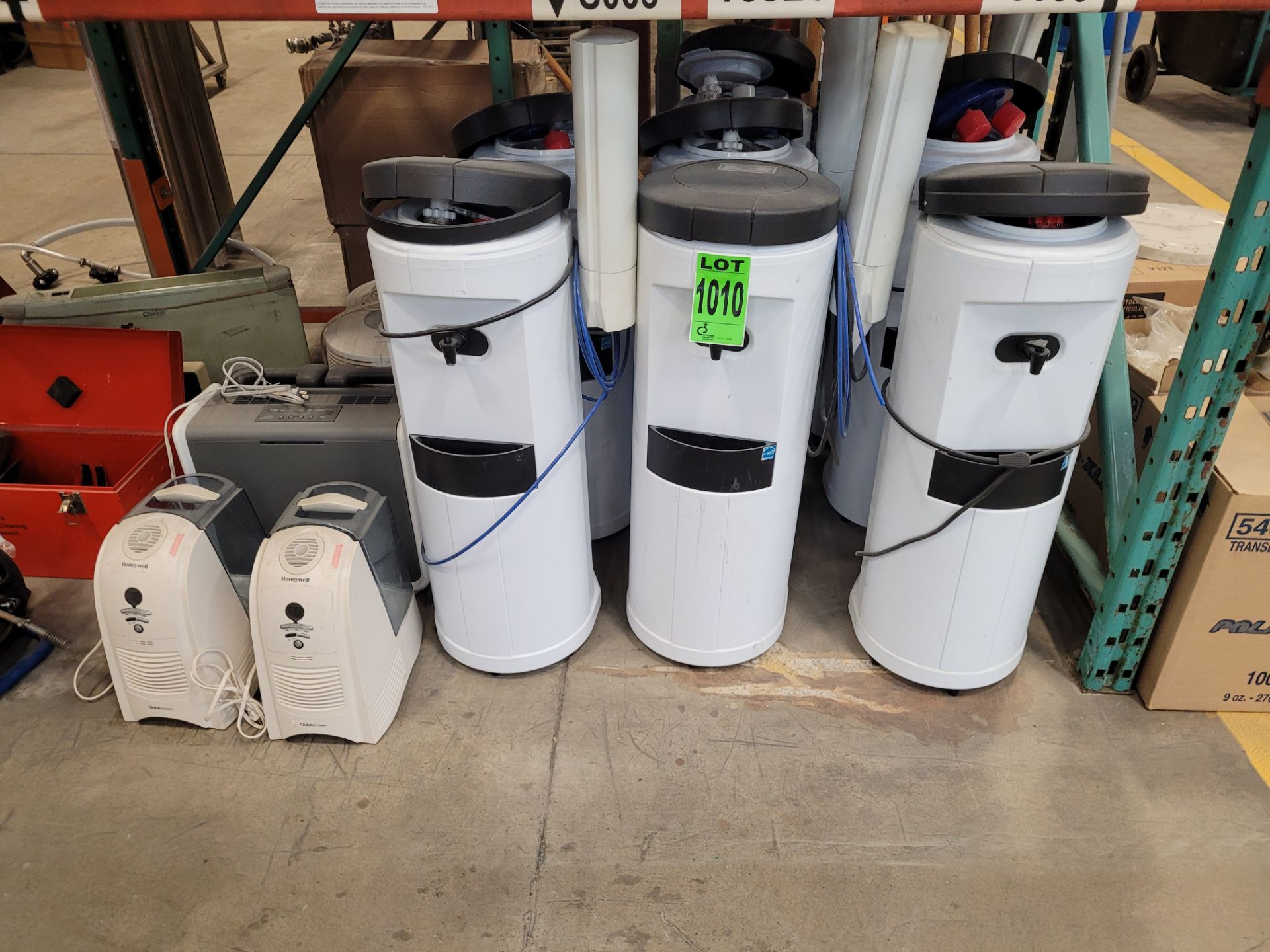 Lot of (7) water coolers with water lines, (4) HONEYWELL & (1) assorted humidifiers