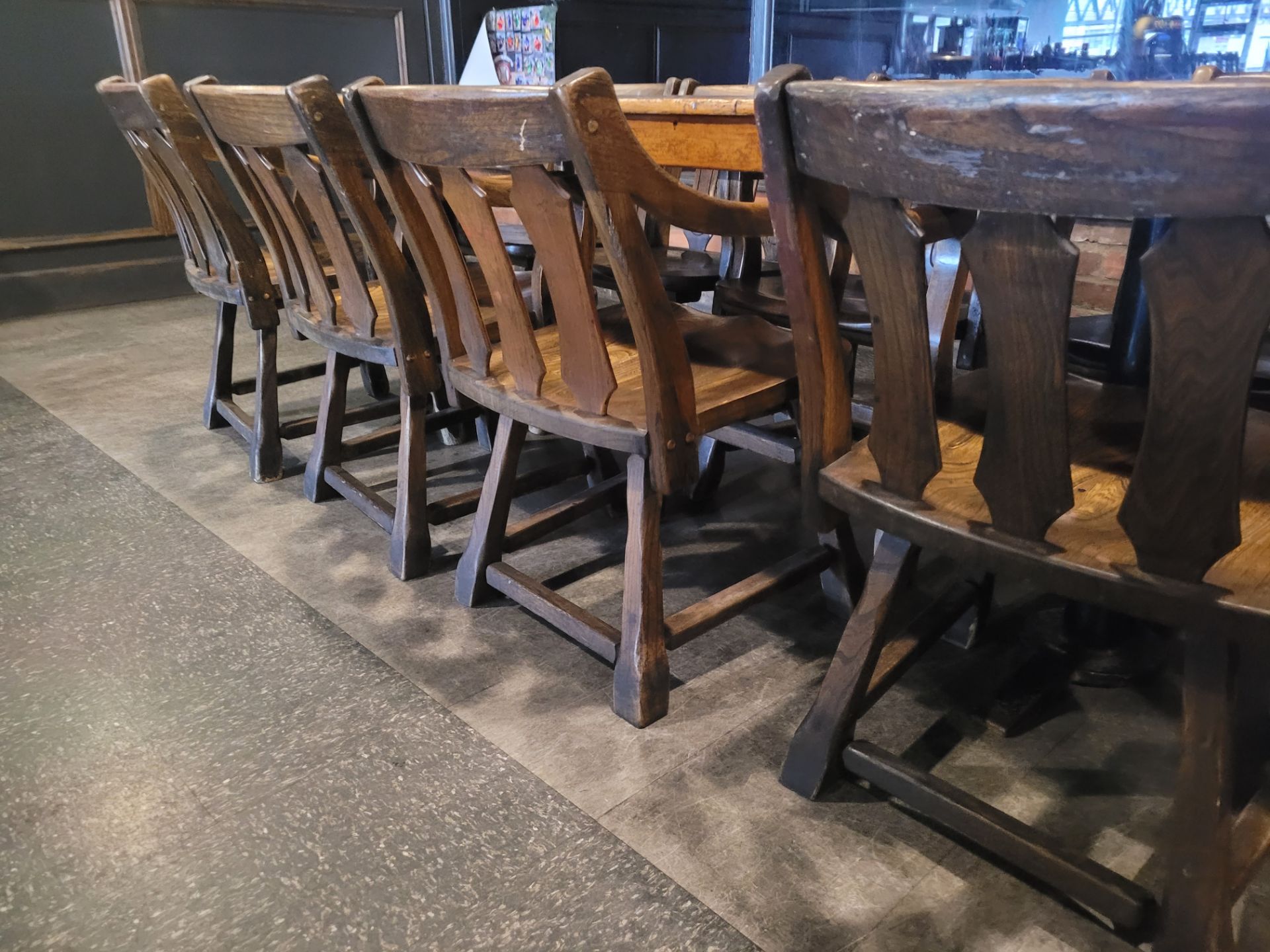 8-Seat varnished hardwood dining table and (6) pub-style wooden chairs - Image 5 of 9