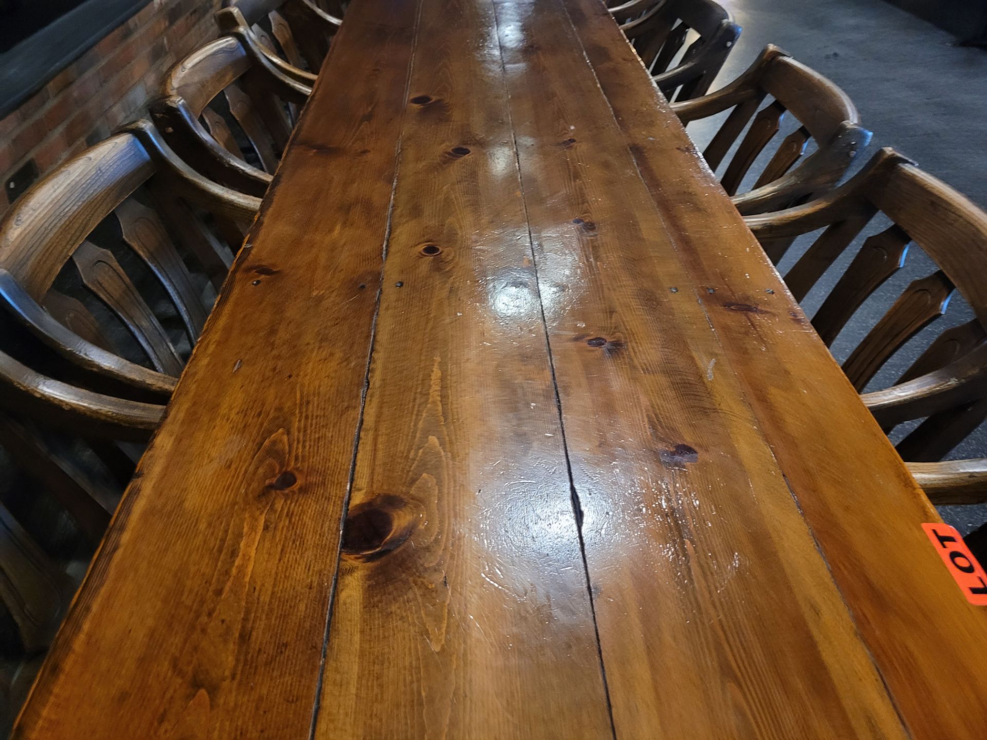 8-Seat varnished hardwood dining table and (6) pub-style wooden chairs - Image 9 of 9