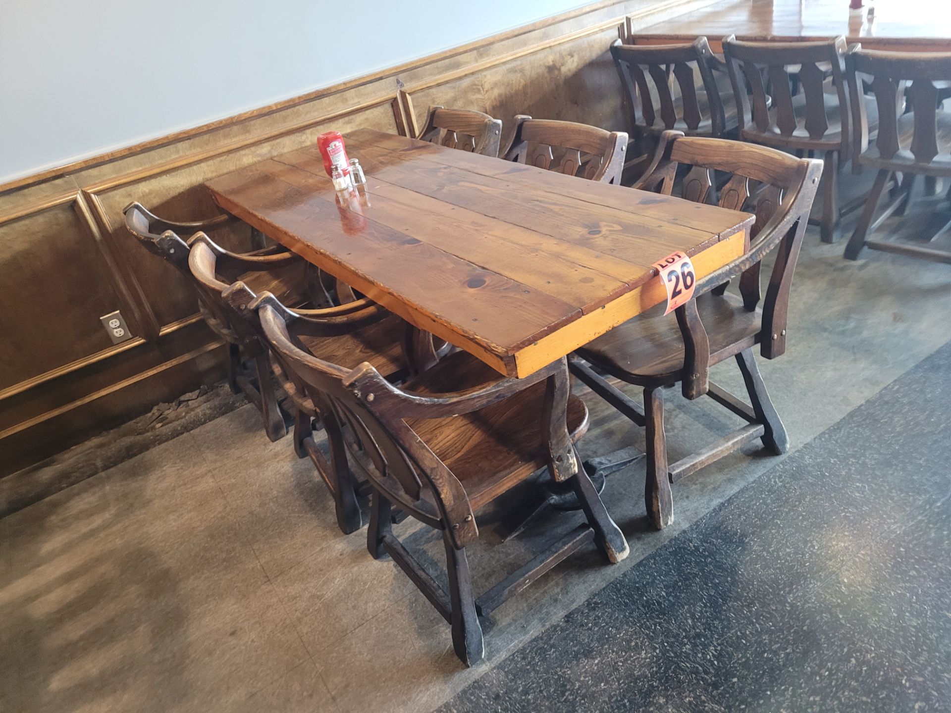 6-Seat varnished hardwood dining table and (6) pub-style wooden chairs - Image 4 of 4