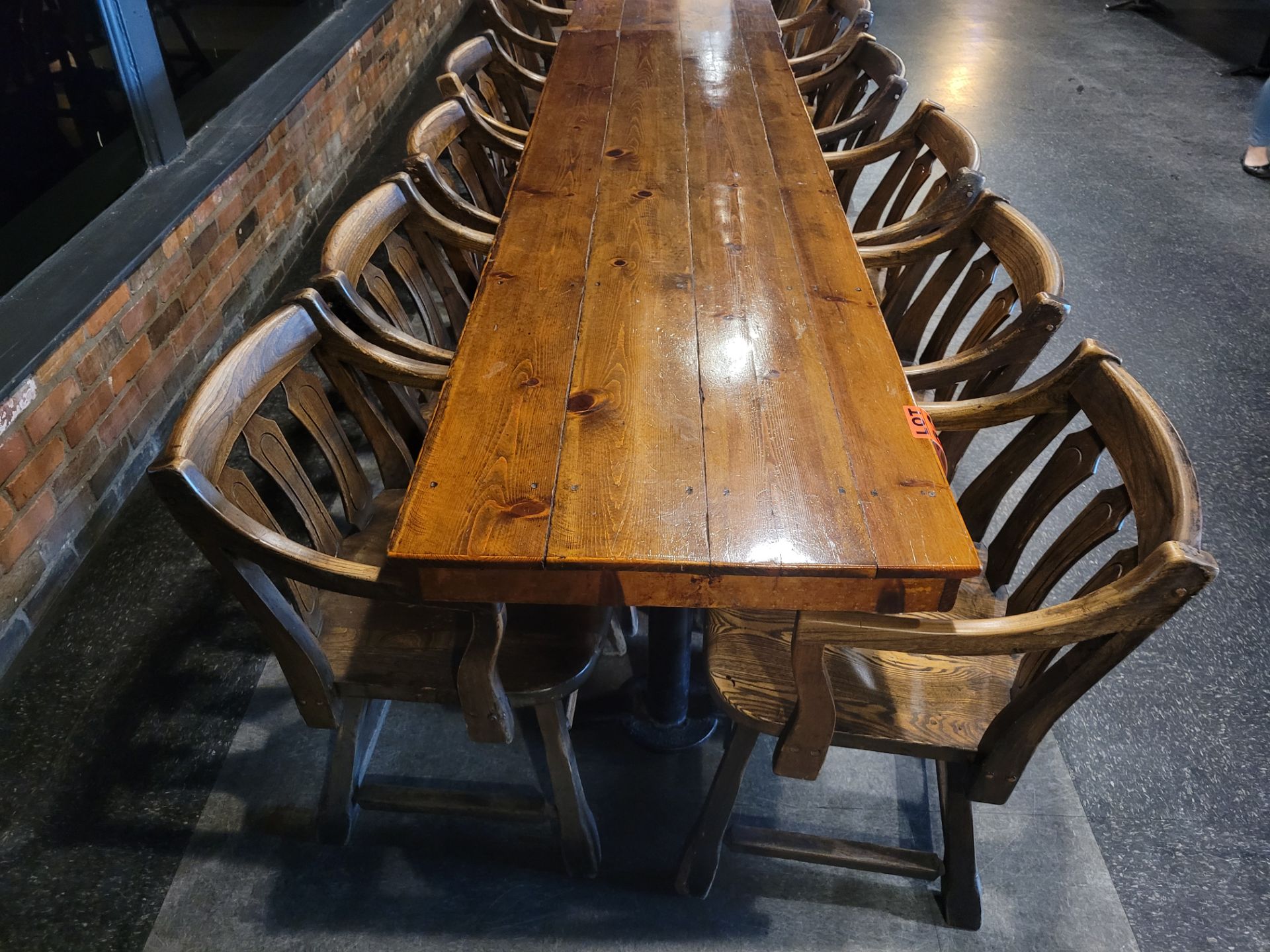 8-Seat varnished hardwood dining table and (6) pub-style wooden chairs - Image 8 of 9