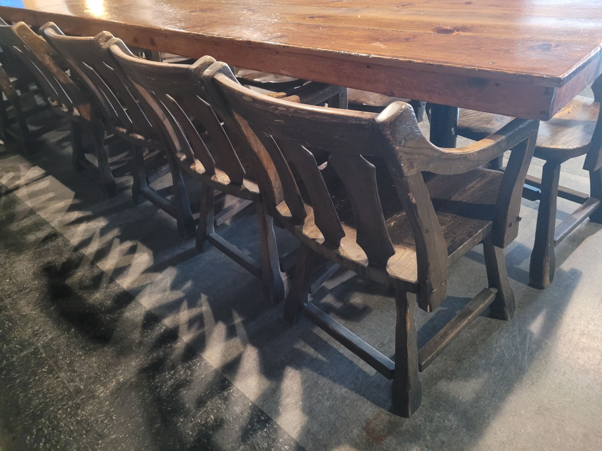 8-Seat varnished hardwood dining table and (6) pub-style wooden chairs - Image 6 of 9