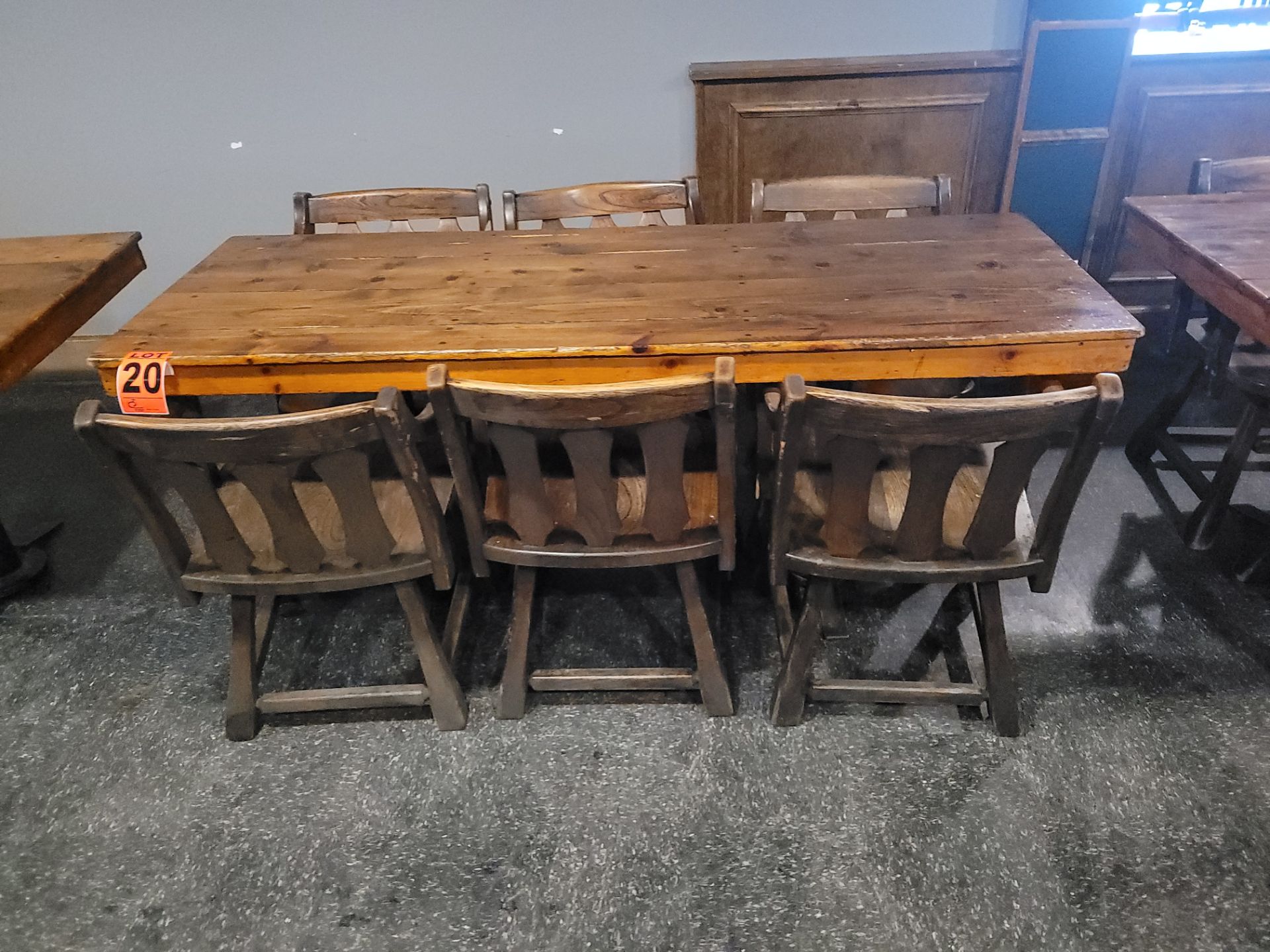6-Seat varnished hardwood dining table and (6) pub-style wooden chairs