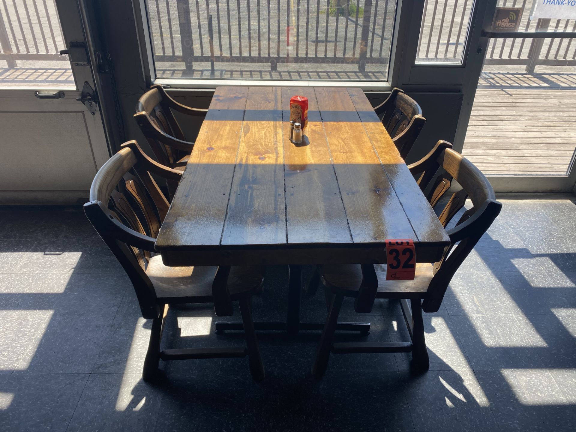 4-Seat varnished hardwood dining table and (4) pub-style wooden chairs