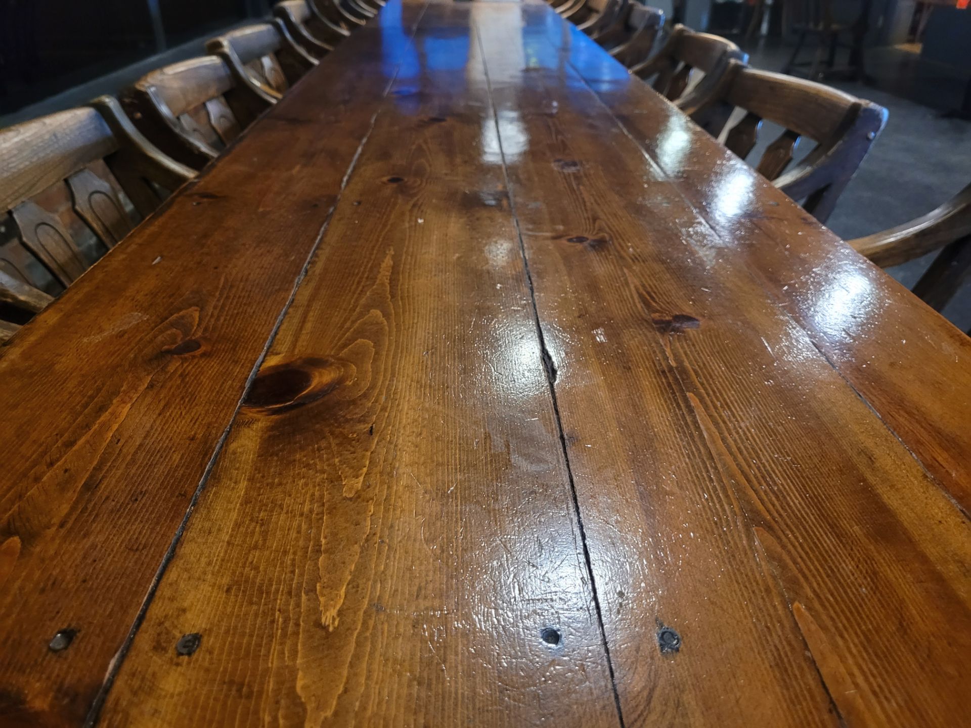 8-Seat varnished hardwood dining table and (6) pub-style wooden chairs - Image 4 of 9