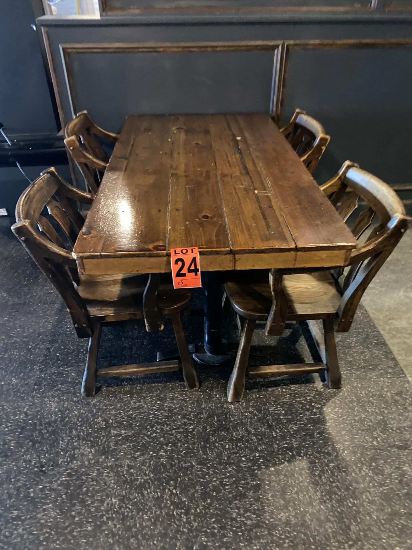 4-Seat varnished hardwood dining table and (4) pub-style wooden chairs