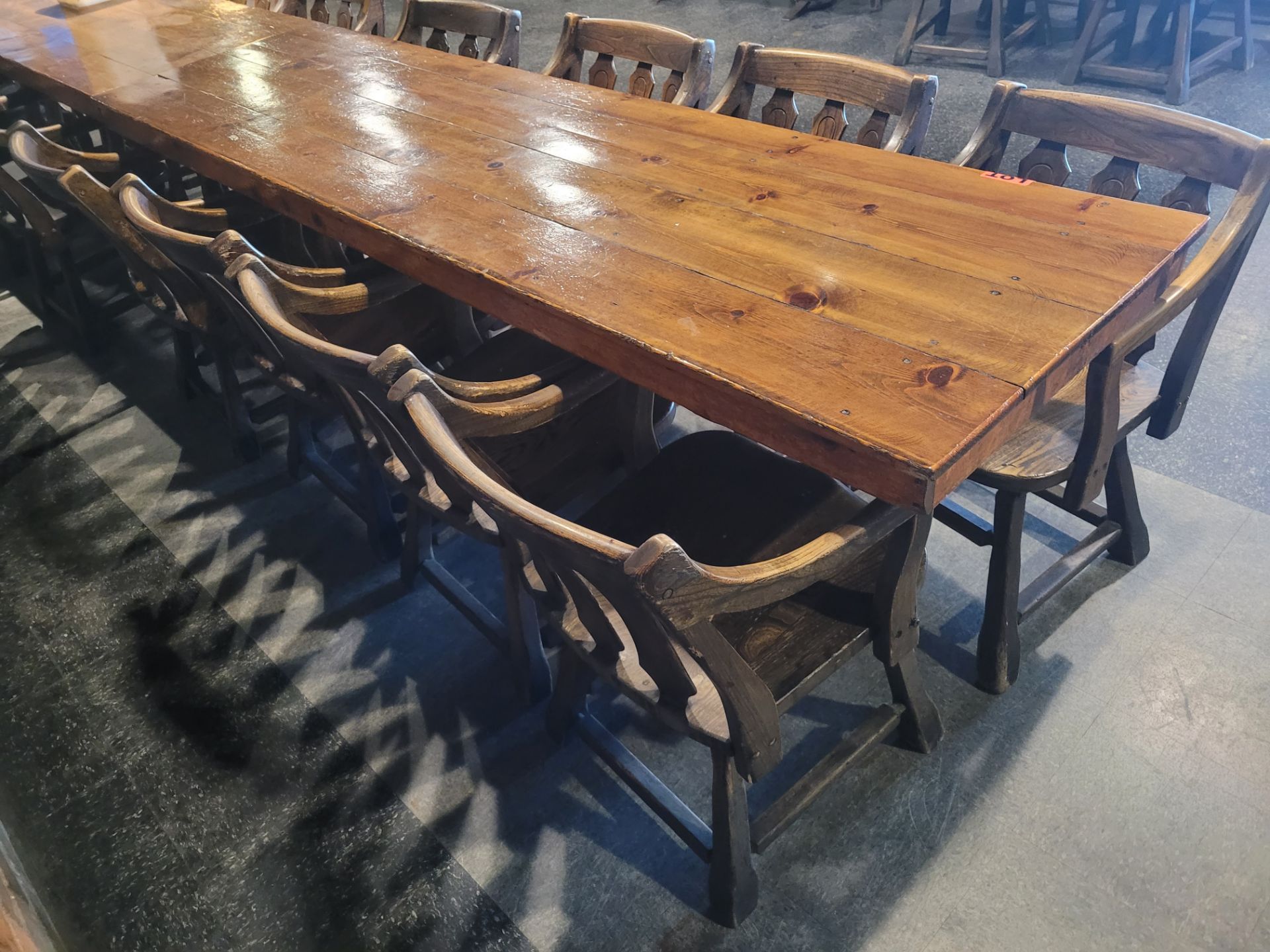 8-Seat varnished hardwood dining table and (6) pub-style wooden chairs - Image 7 of 9