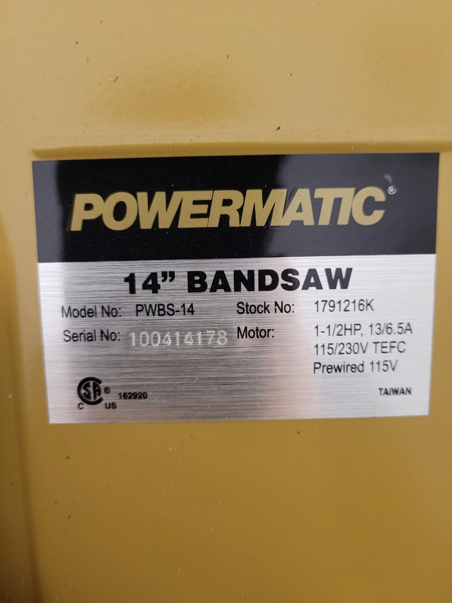 POWERMATIC 14" Bandsaw mod. PWBS-14, ser.100414178, 1.5HP motor, 115/230V - Image 4 of 4