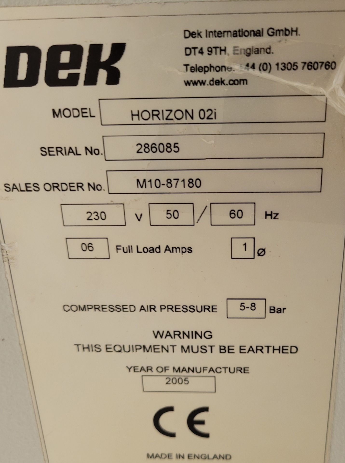 DEK mod. HORIZON 02i Screen Printer, ser. 286085, 230V 50/60Hz, 06 Full Load Amps, 5-8 Bar Compresse - Image 6 of 21