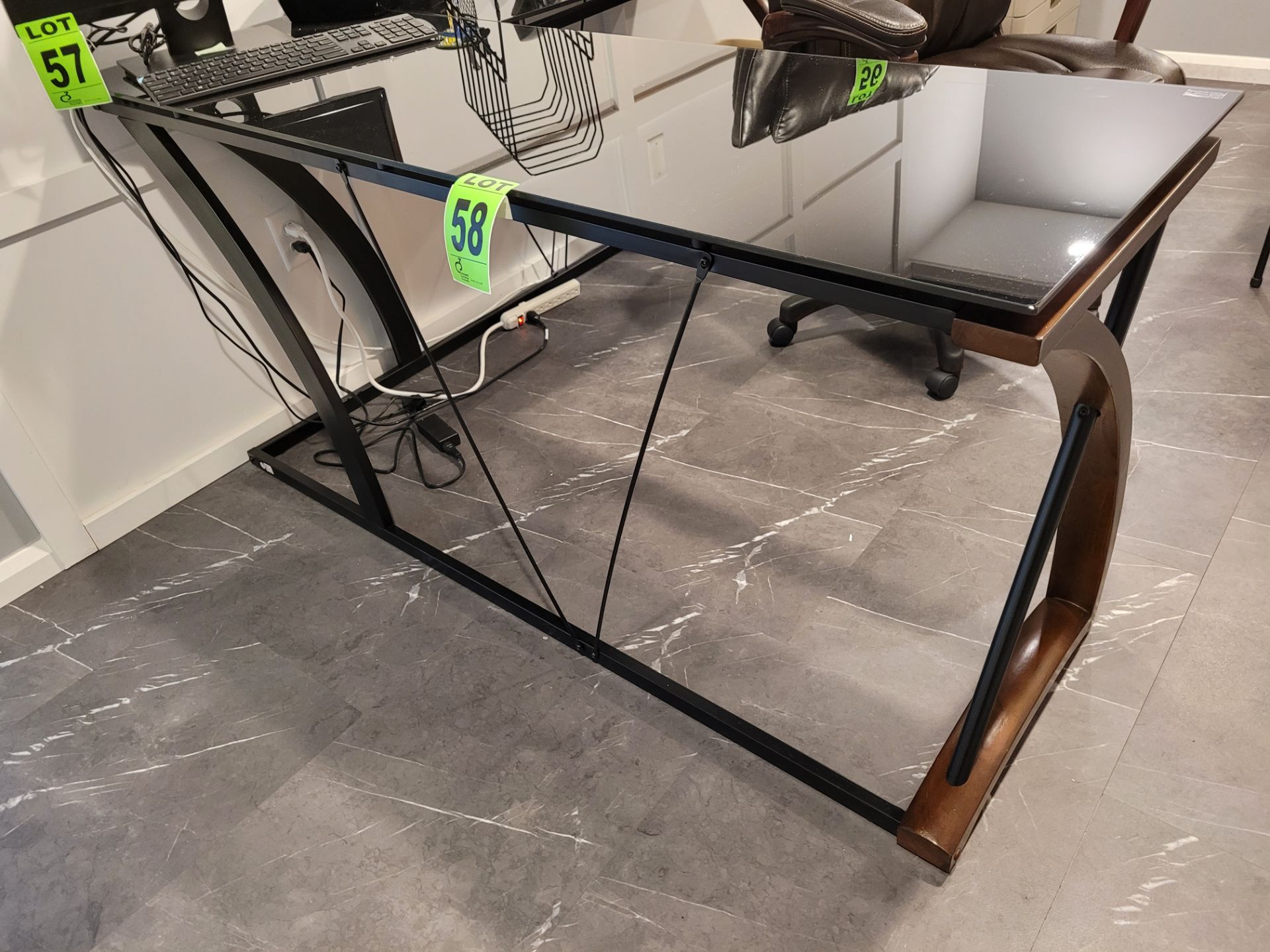 L-shape glass, steel and wood office desk 62" L x 42" L, 30" H x 20" W - Image 2 of 3