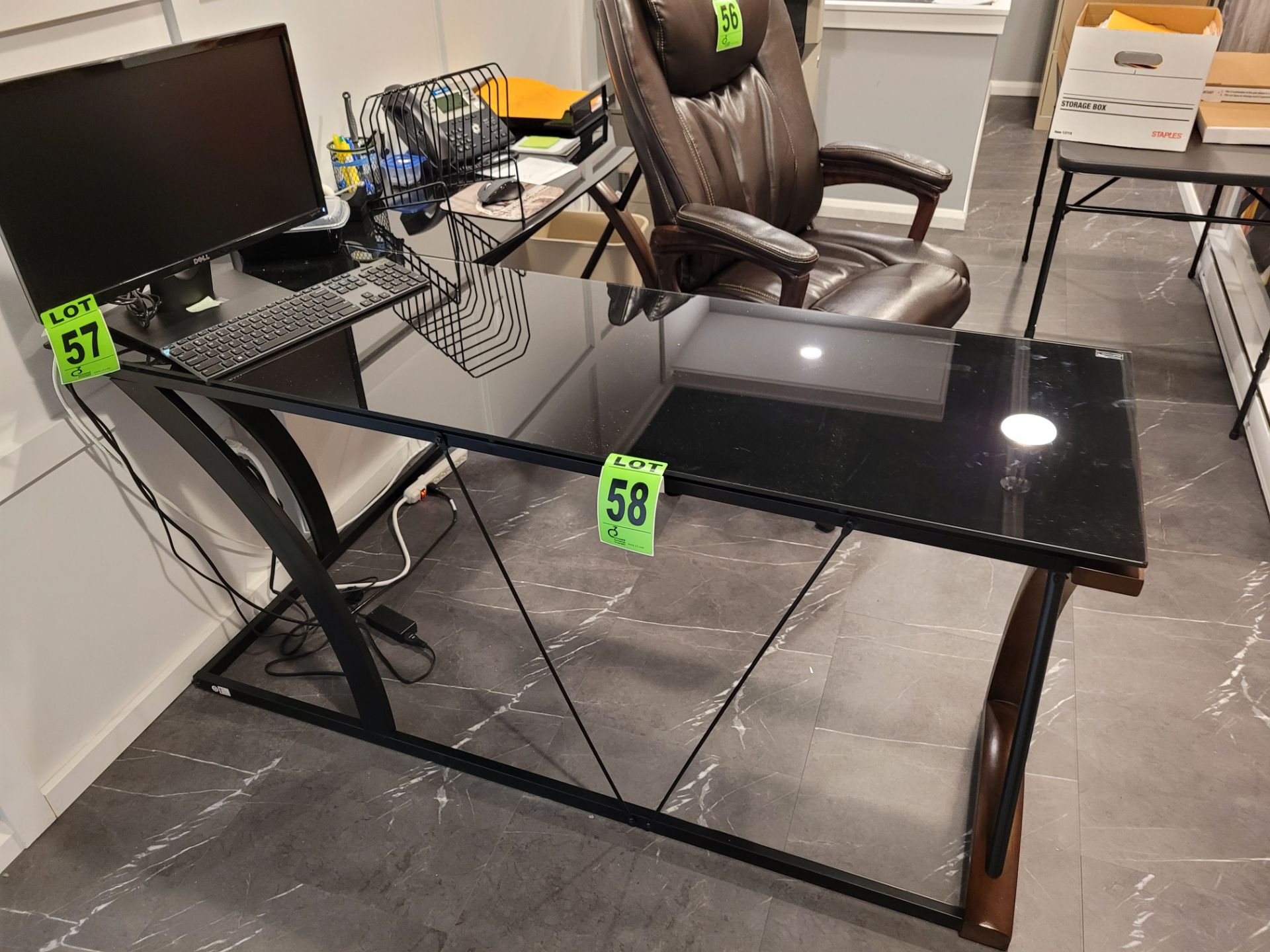 L-shape glass, steel and wood office desk 62" L x 42" L, 30" H x 20" W