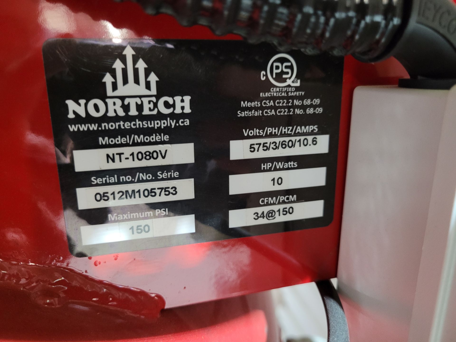 NORTECH mod. NT-1080V 10 HP Air Compressor, 150psi, ser. 0512M105753, 150 PSI, 575V / 3PH / 60HZ / - Image 2 of 8