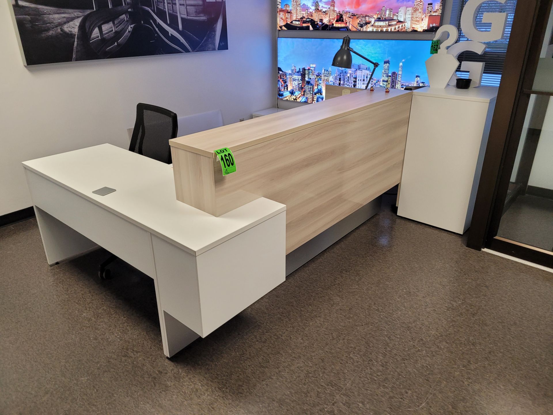 Lot of reception desk and furniture including reception desk, high back rolling office chair, 3-draw
