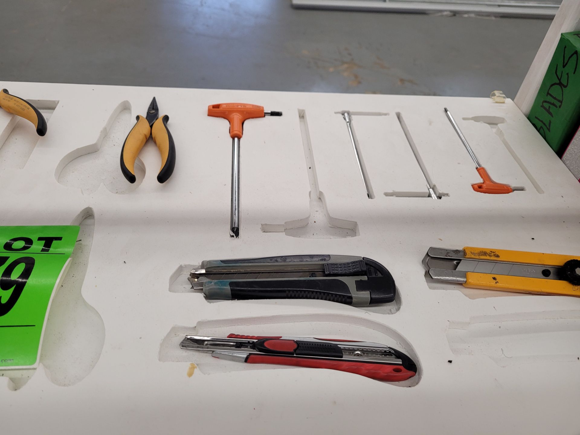 Lot of assorted hand tools including scrapers box cutters, wire cutters, drill bits, blades, tape, ( - Image 3 of 17