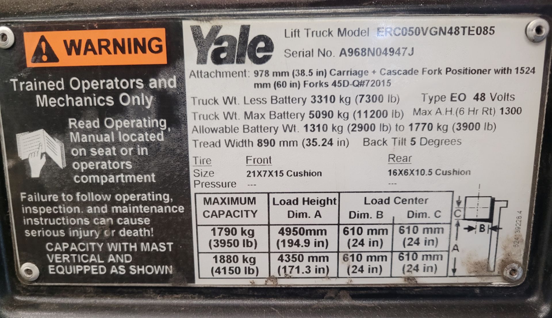 YALE Forklift mod. ERCO050VGN48TE85, 4200lbs cap., 48V, 17' H, 4900hrs, ser. A968N04749 with battery - Image 6 of 30