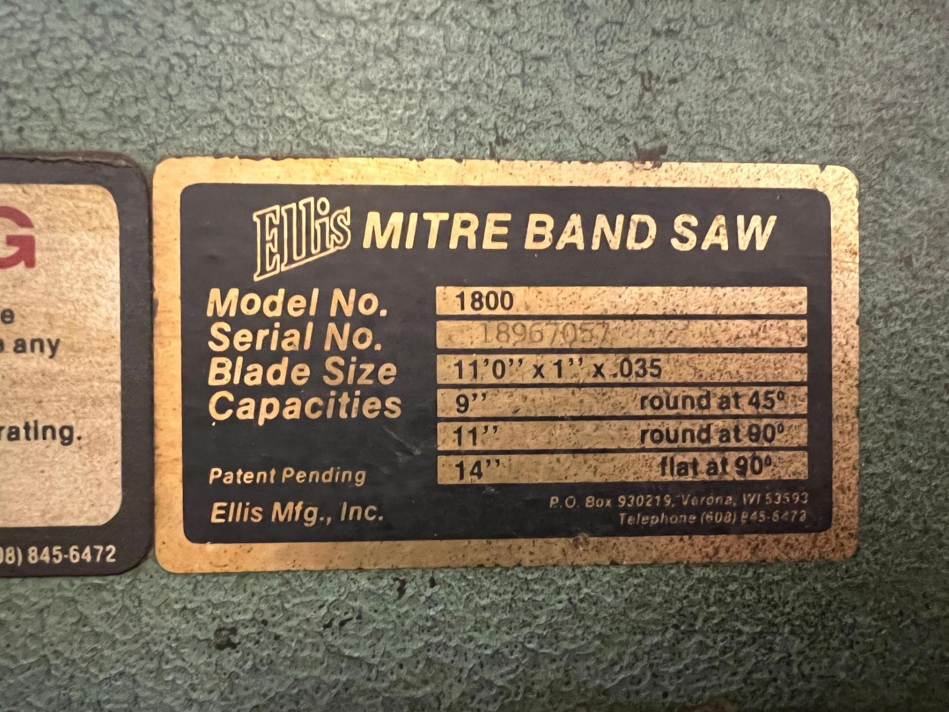 Ellis Model 1800 Mitre Band Saw, Serial Number 18967057, 70, 135, 250 Feet per Minute Speeds, 132" x - Image 10 of 15