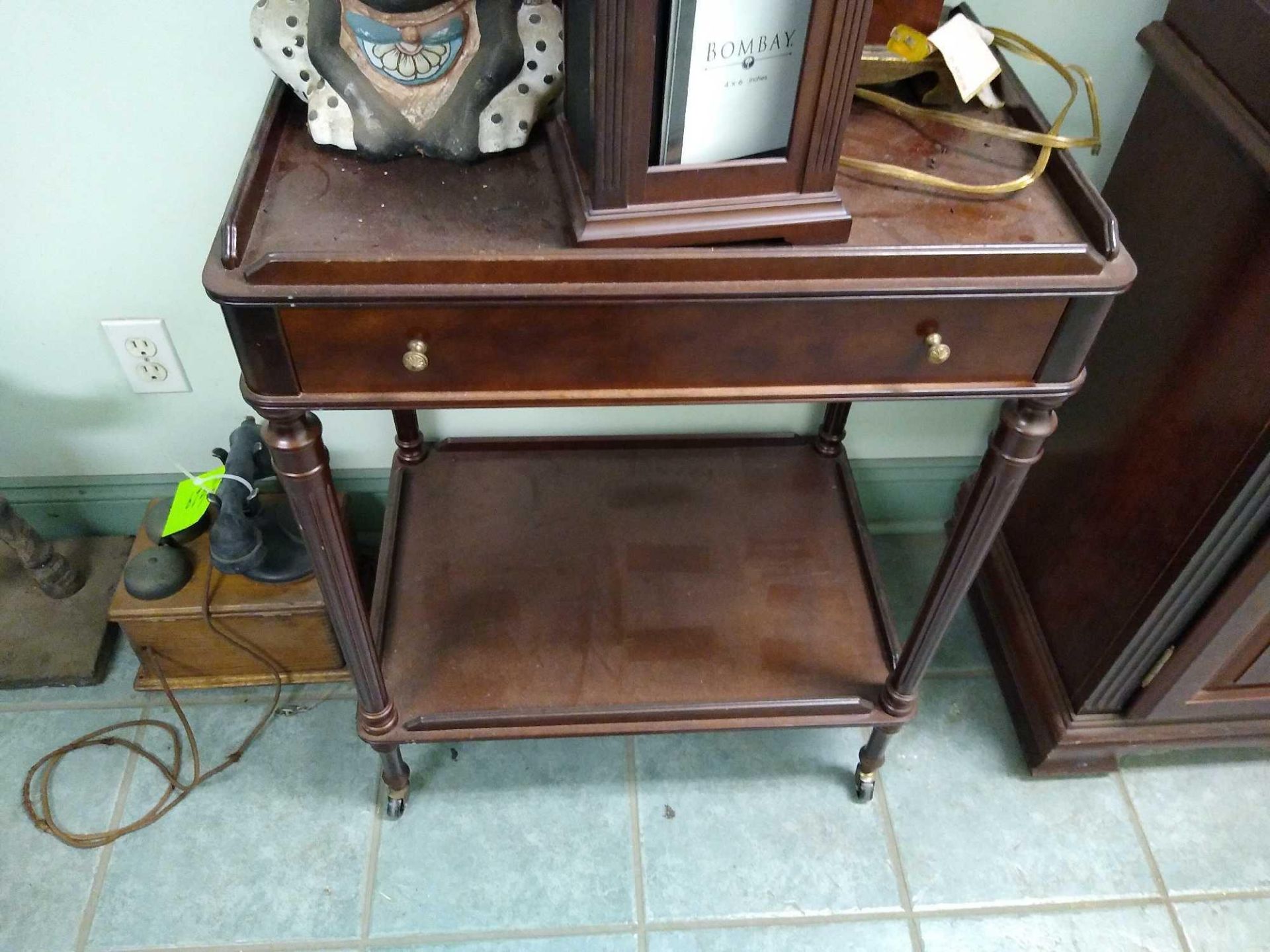 End Table with Decorative Elephant Lamp, Photo Album Display, and Decorative Frog Planter Table Dime - Image 2 of 15