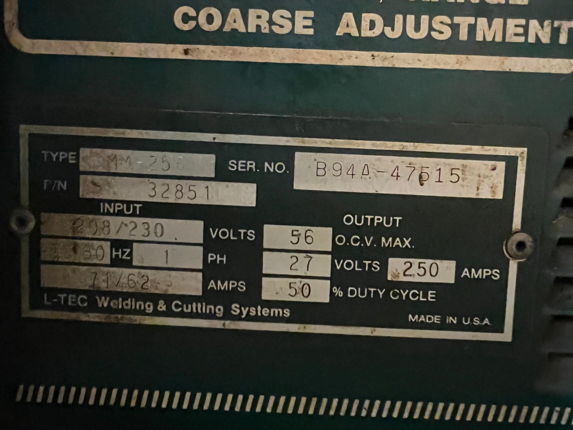 L-Tec Migmaster 250 Single Phase Wire Feed Welder, Serial Number B94A-47515. Type: MM-256 Part # 328 - Image 7 of 13