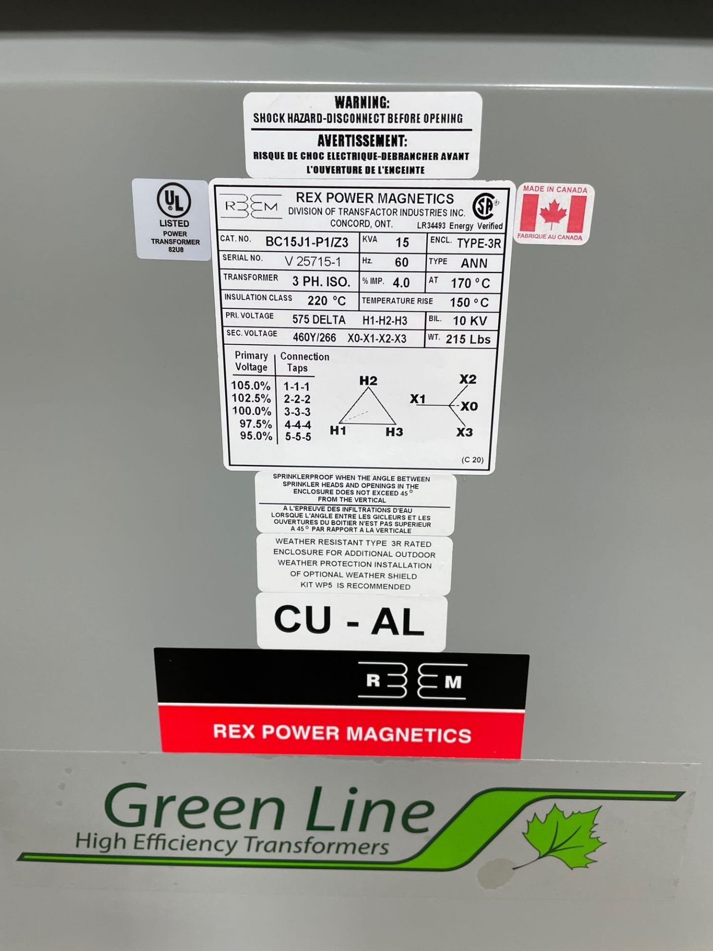 REX 15 kVA 575 Volt to 460Y/266 Volt Three phase ISO Transformer BC15J1-P1/Z3 - Image 9 of 10